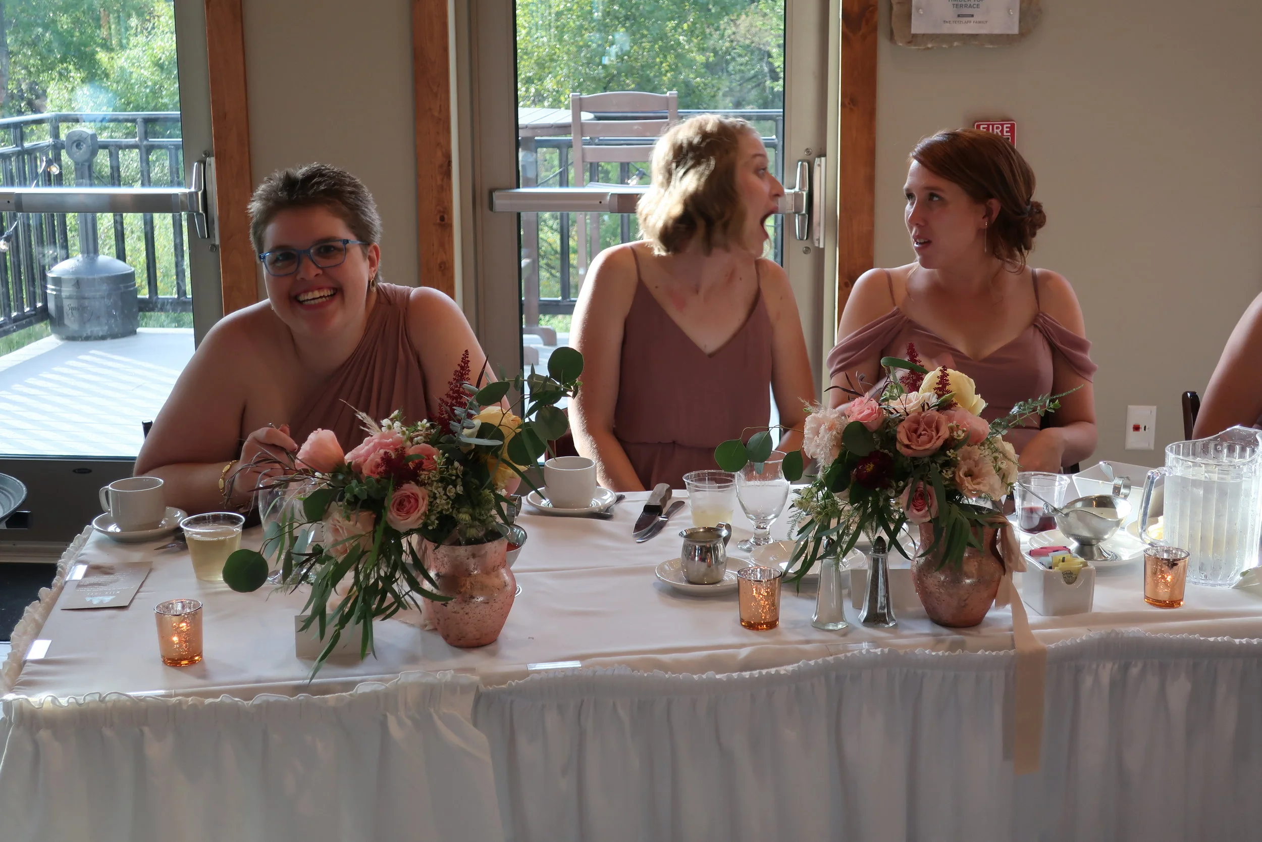  Appleton, Wis.--Sept. 1, 2019--Andropolis-Coakley Wedding--Bubolz Nature Preserve--The Bridal party table--Christiana Coakley, Zoe Hurley and Mariah Allen 