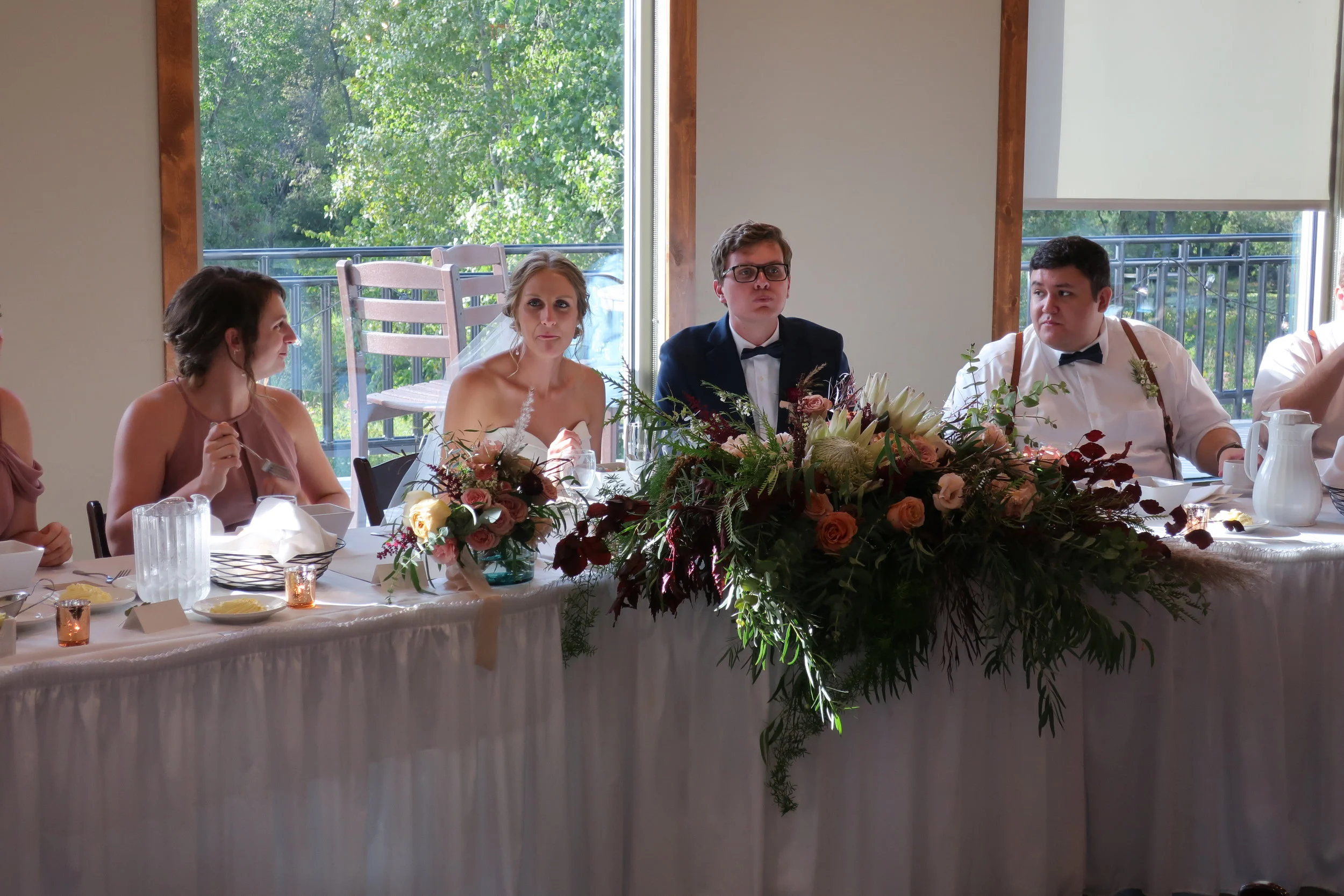  Appleton, Wis.--Sept. 1, 2019--Andropolis-Coakley Wedding--Bubolz Nature Preserve--The Bridal party table--Madison Andropolis, Kenzie and Alex and Phillip Conor 