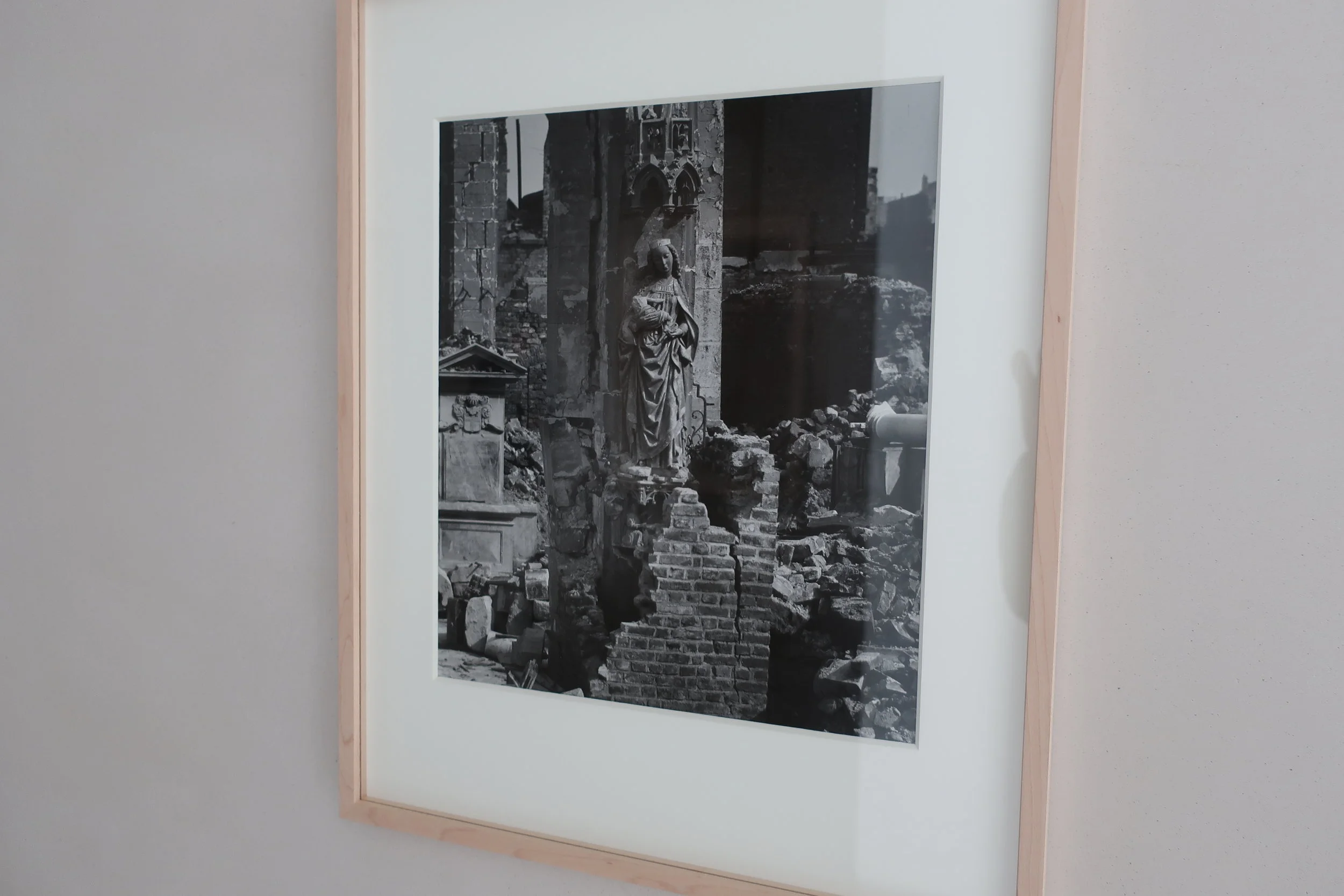  Cologne 2019--Kolumba Museum--Photo of the miraculously intact Madonna amid the bombing ruins of Cologne in 1948—it is the same statue as in the previous photograph 