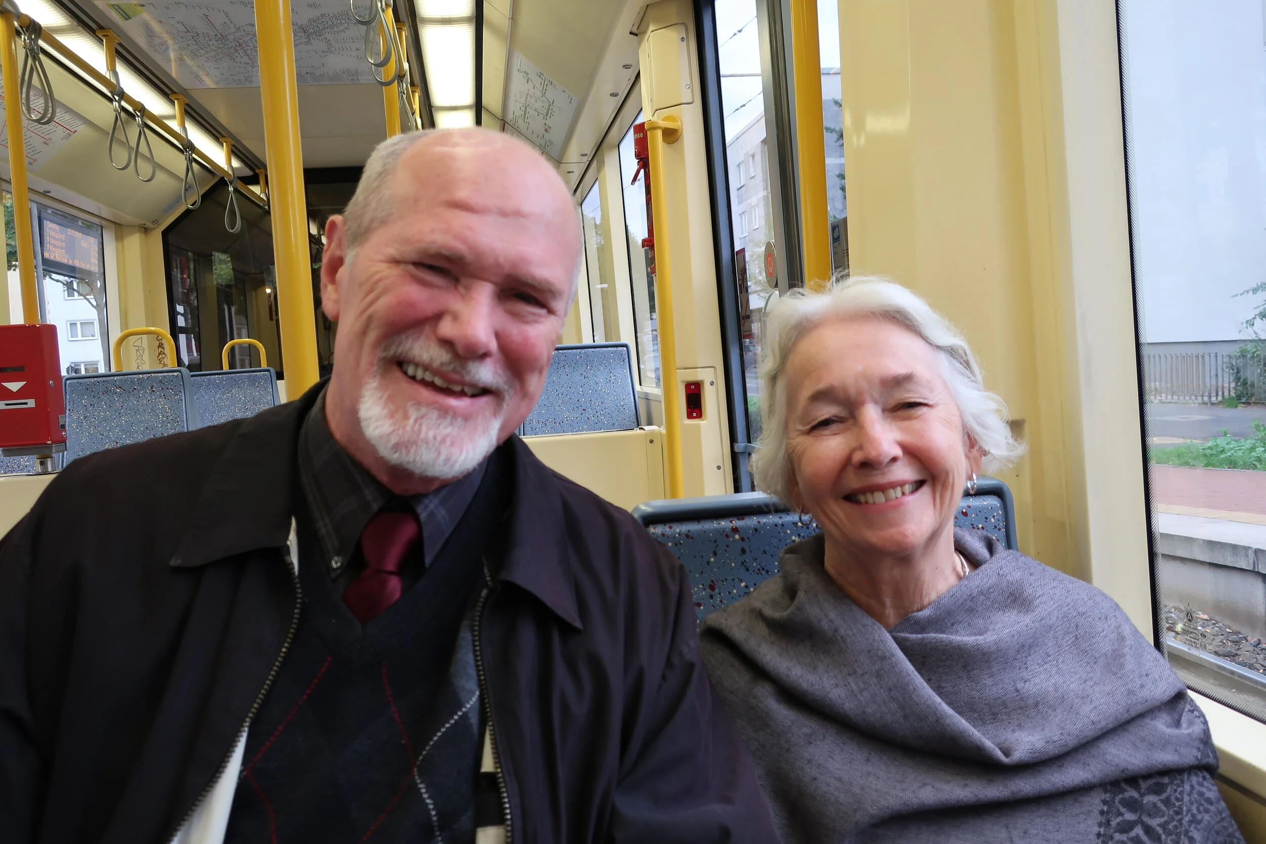  Cologne 2019--On the streetcar in Sulz--Rick Schreiber and Carrol Benner Kindel going to Renate's birthday on the streetcar 