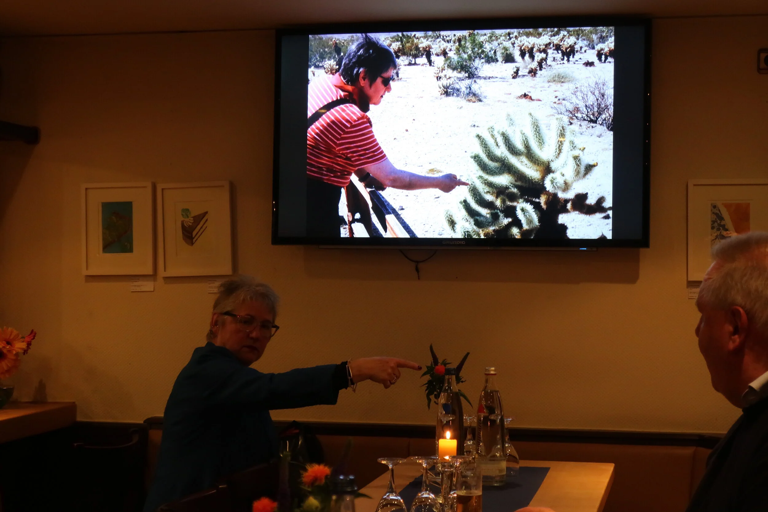  Cologne 2019--Renate Schneider's 70th Birthday at Blumenthaler Pub--Renate Schneider touching the cactus 