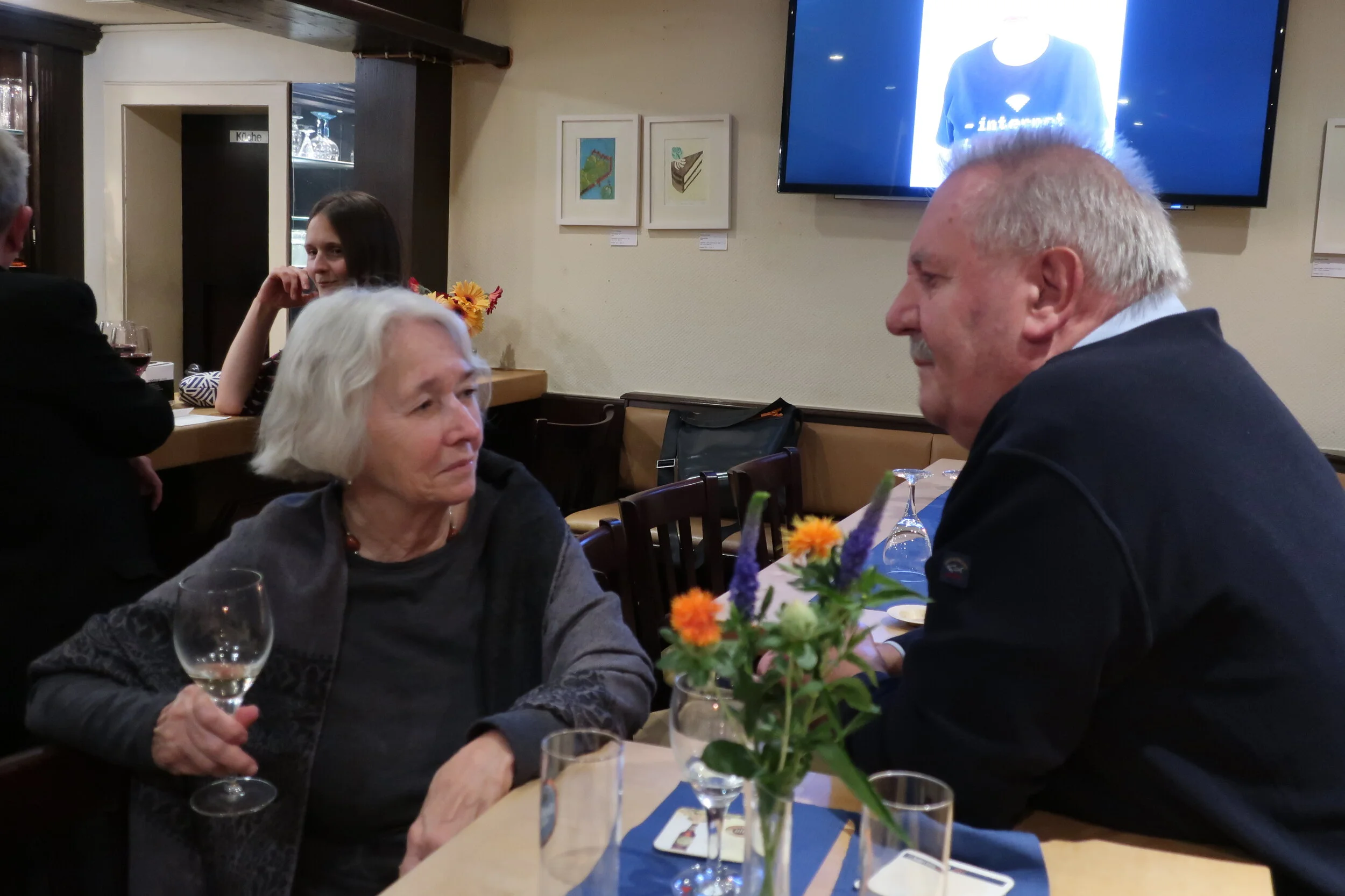  Cologne 2019--Renate Schneider's 70th Birthday at Blumenthaler Pub--Carrol Benner Kindel and Horst, a collegue of Renate's 