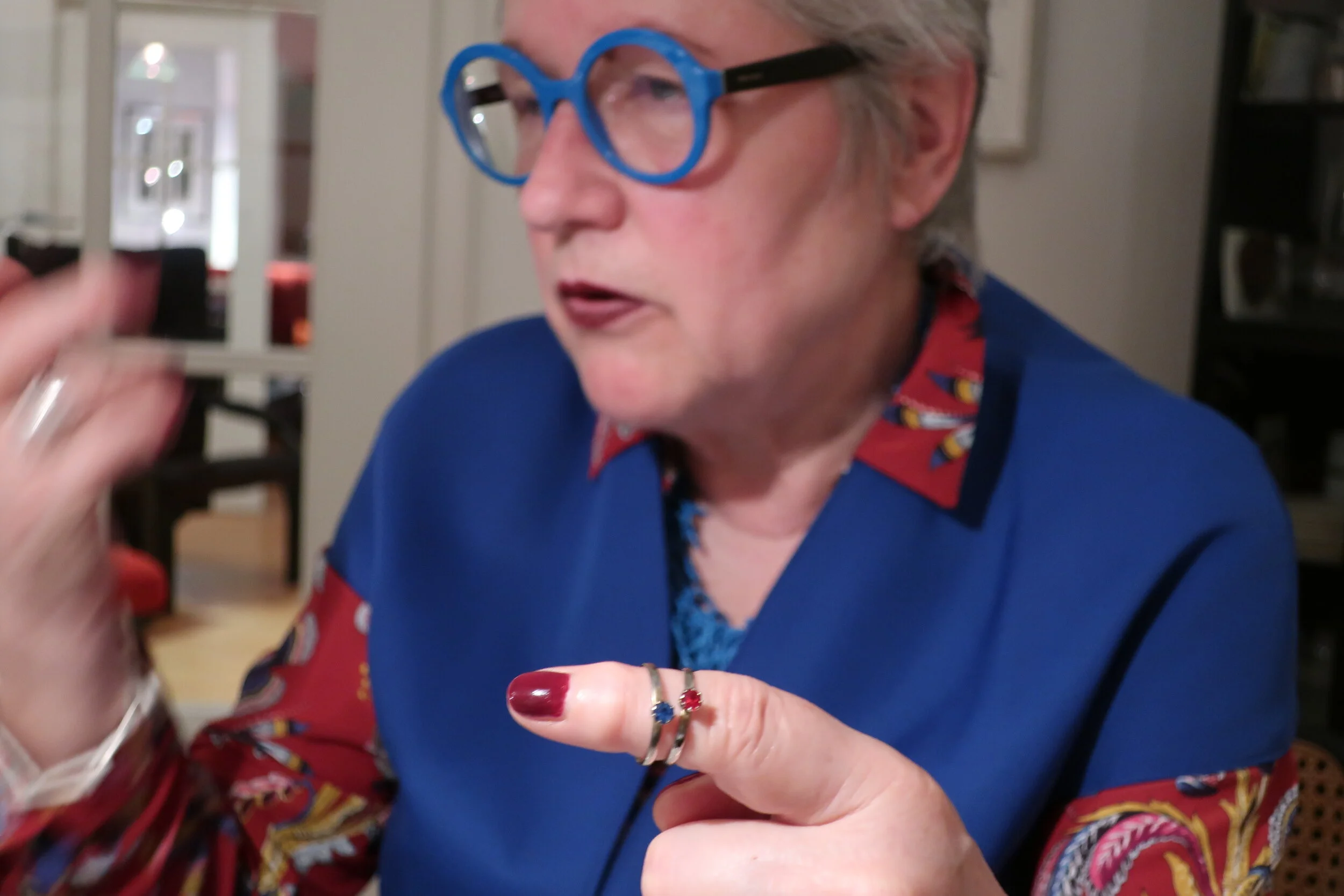  Cologne 2019--Dinner of smoked salmon and lamb at Renate and Joerg's-- Renate Schneider showing their wedding rings (from Kindel's via King) 