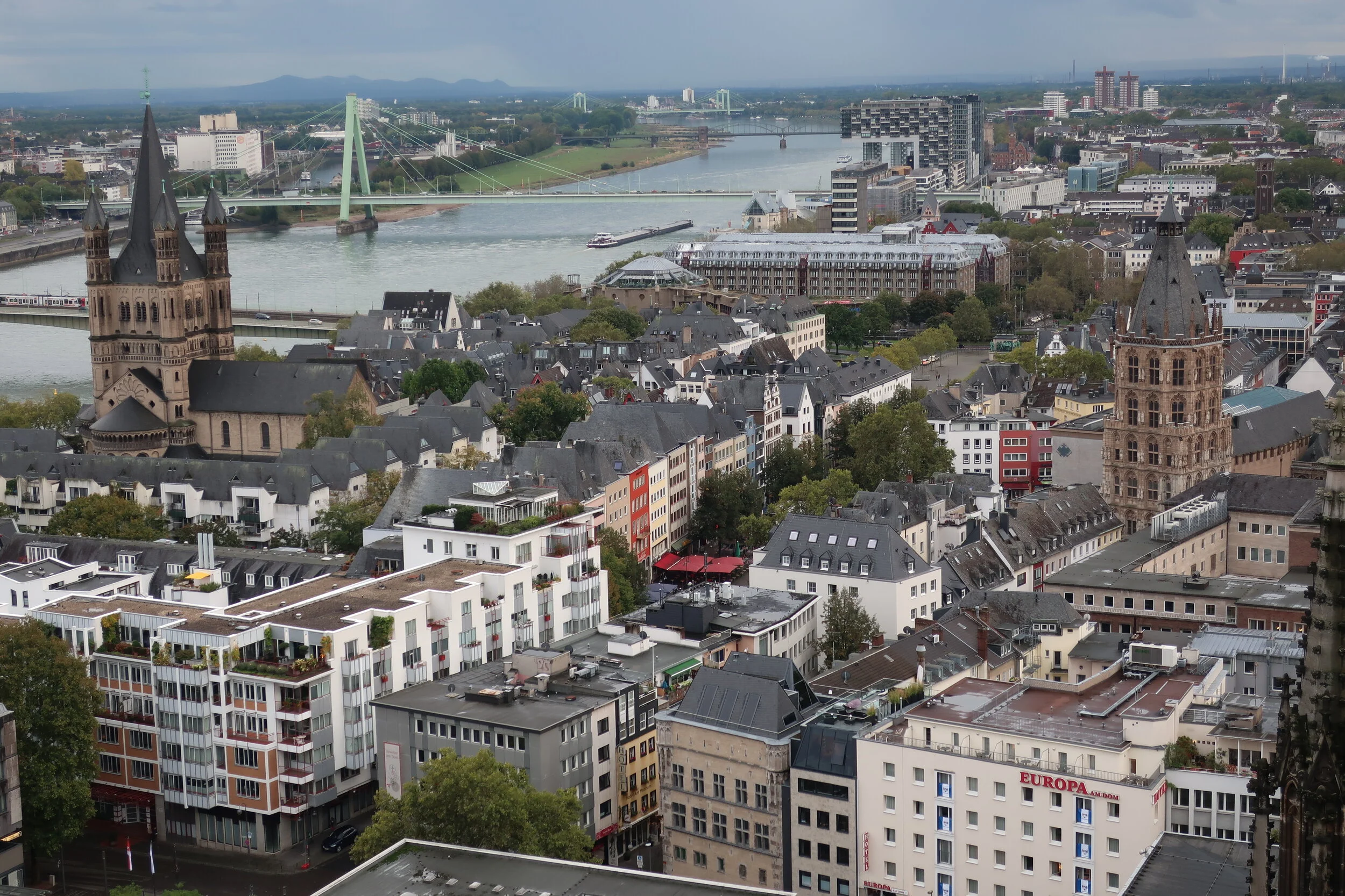  Cologne 2019--Cologne Cathedral insider's tour of the high reaches of the Cathedral--View from the modern steeple--the Rhine looking downriver (south) with the Severin Bridge 