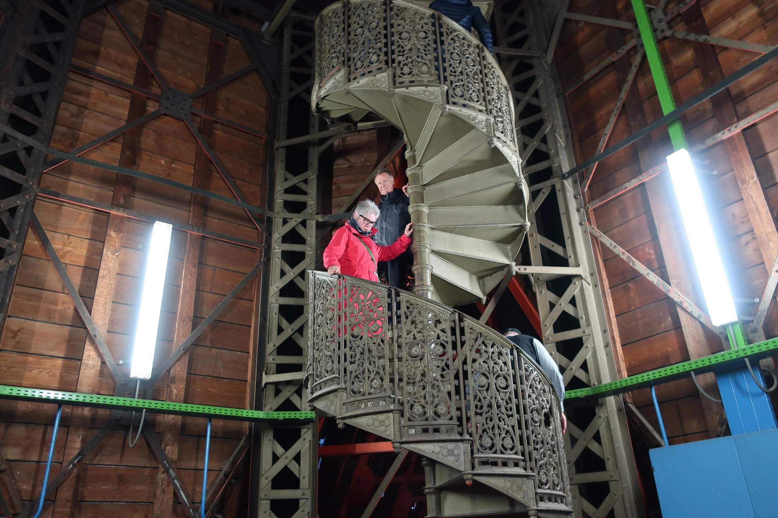  Cologne 2019--Cologne Cathedral insider's tour of the high reaches of the Cathedral--Renate Schneider and Joerg Goralewski coming down the staircase from the modern steeple 