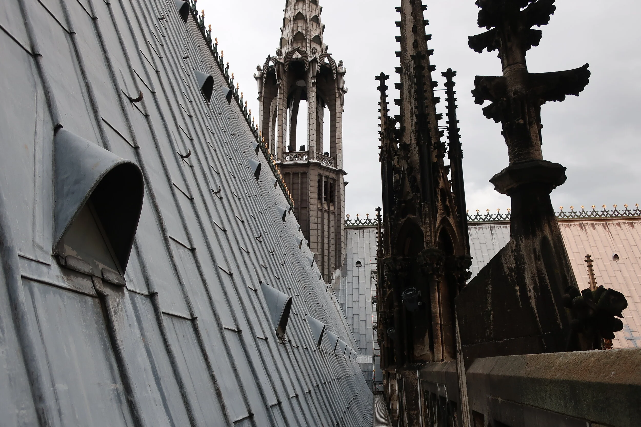  Cologne 2019--Cologne Cathedral insider's tour of the high reaches of the Cathedral--Walking the outside roof line and looking at the modern steeple 