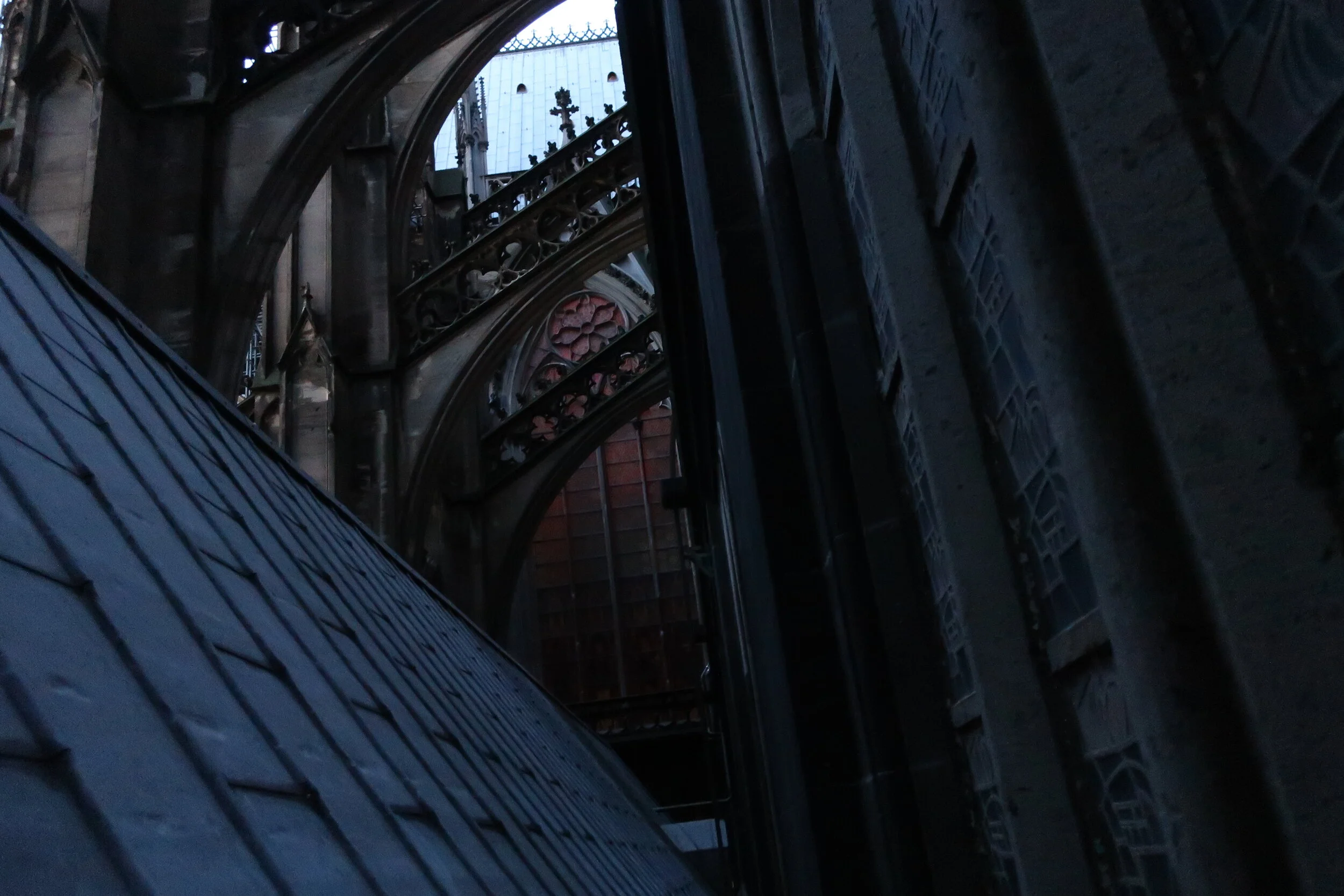  Cologne 2019--Cologne Cathedral insider's tour of the high reaches of the Cathedral--The flying buttresses looking to the roof 