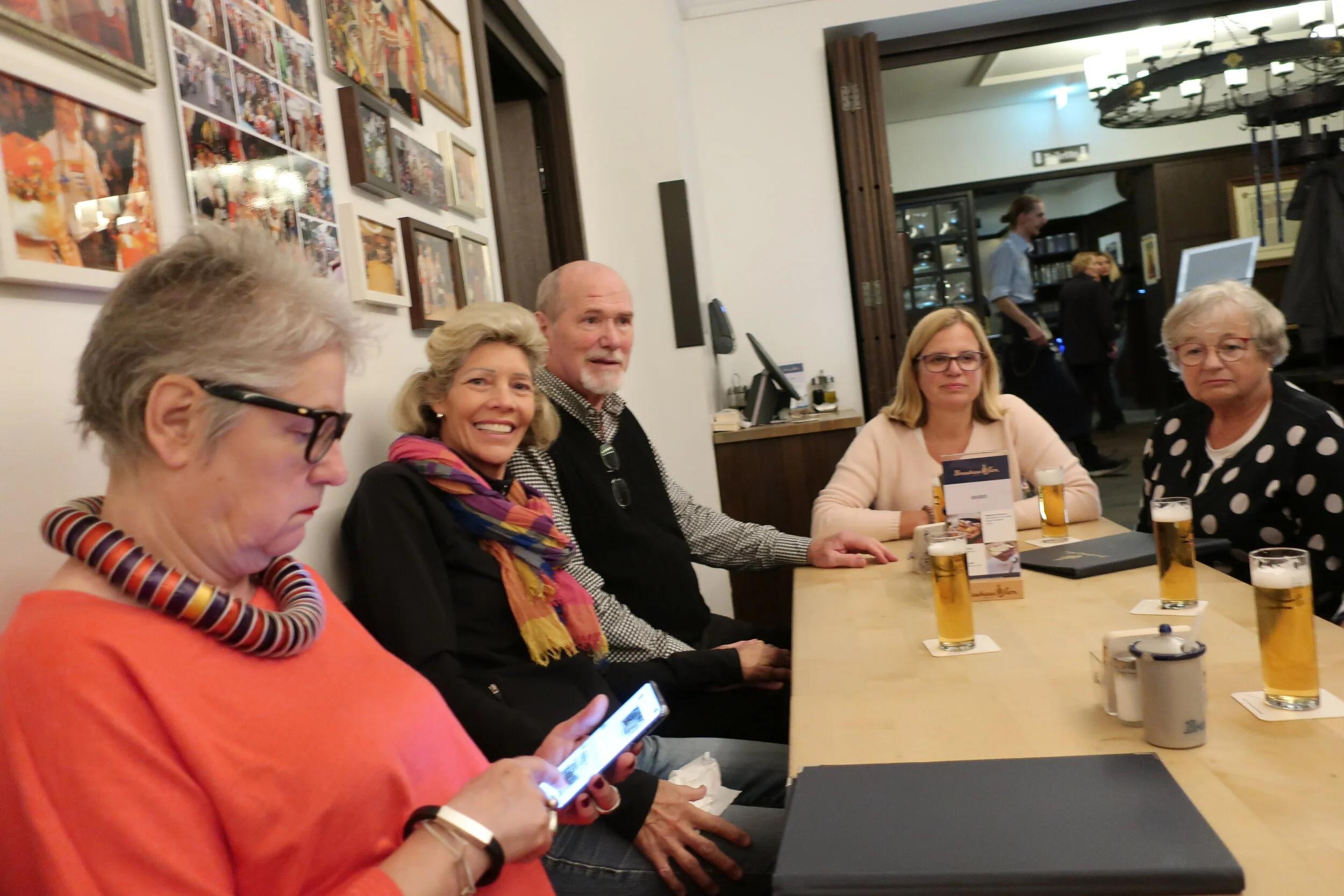 Cologne 2019--Our tour group at Sion's Koelsch pub--Renate Schneider, Debbie and Rick Schreiber and Sandra Jansen 