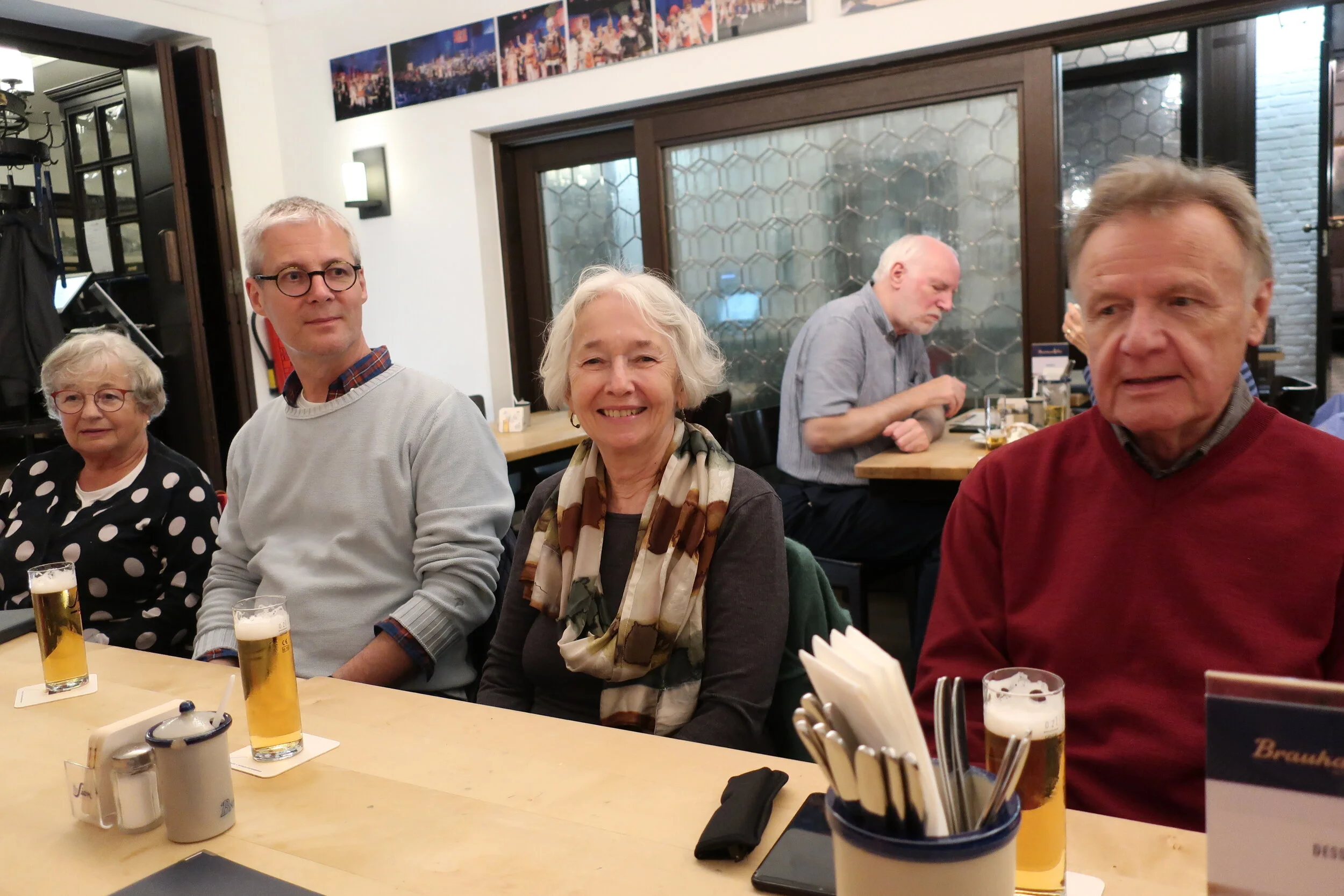  Cologne 2019--Our tour group at Sion's Koelsch pub--Marlise Gerards, Georg Jansen, Carrol Benner Kindel and Joerg Goralewski 