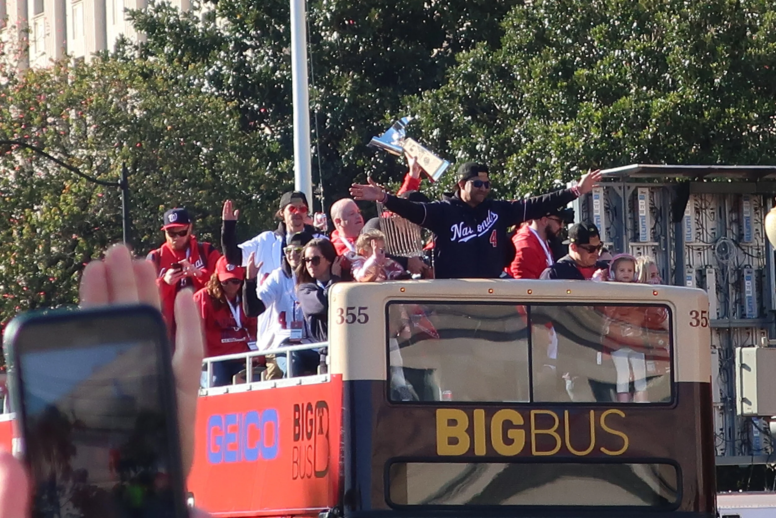  DC 2019--Nats Parade--Mike Rizzo, Davey Martinez and the World Series Trophy 