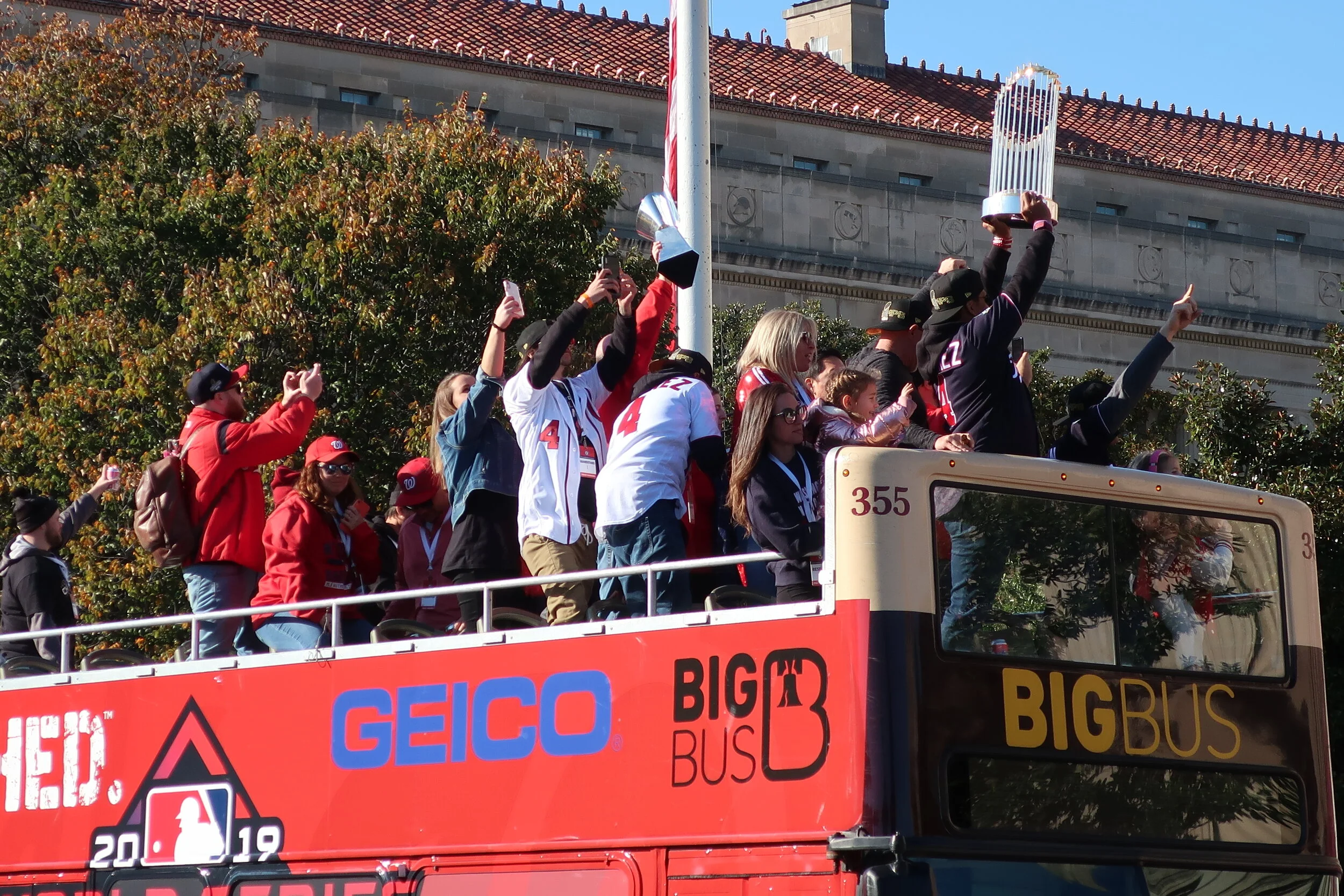  DC 2019--Nats Parade--Mike Rizzo, Davey Martinez and the World Series Trophy 