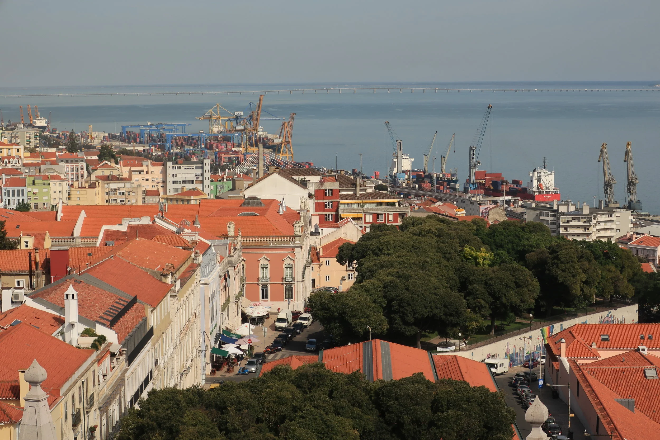  Lisbon 2019--Sao Vicente church and monastery--View from roof to port with Vasco da Gama bridge (longest) 
