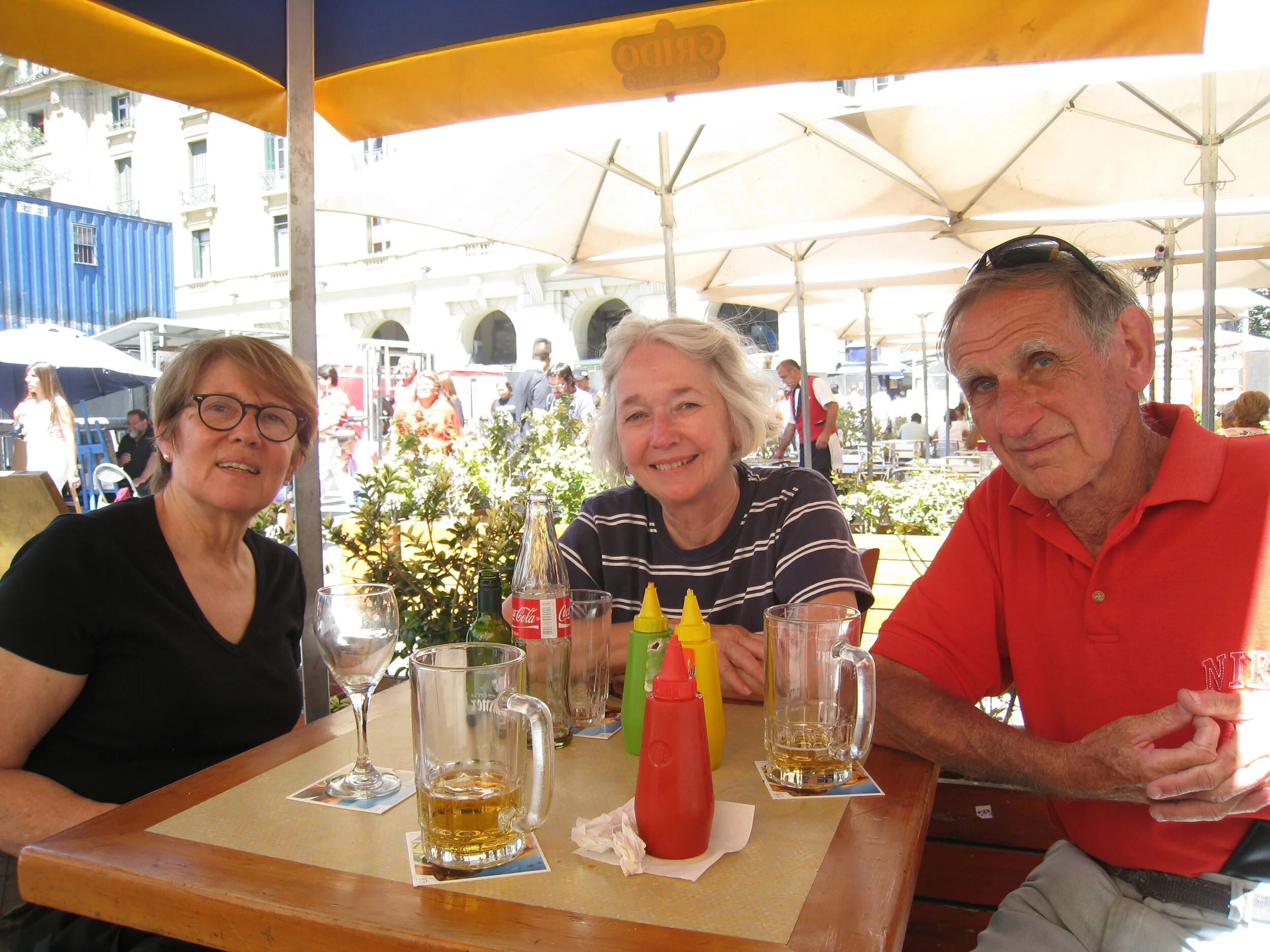  Santiago--Cathy Pettinari, Carrol Kindel and Paul Cullingford on the Plaza de Armas 