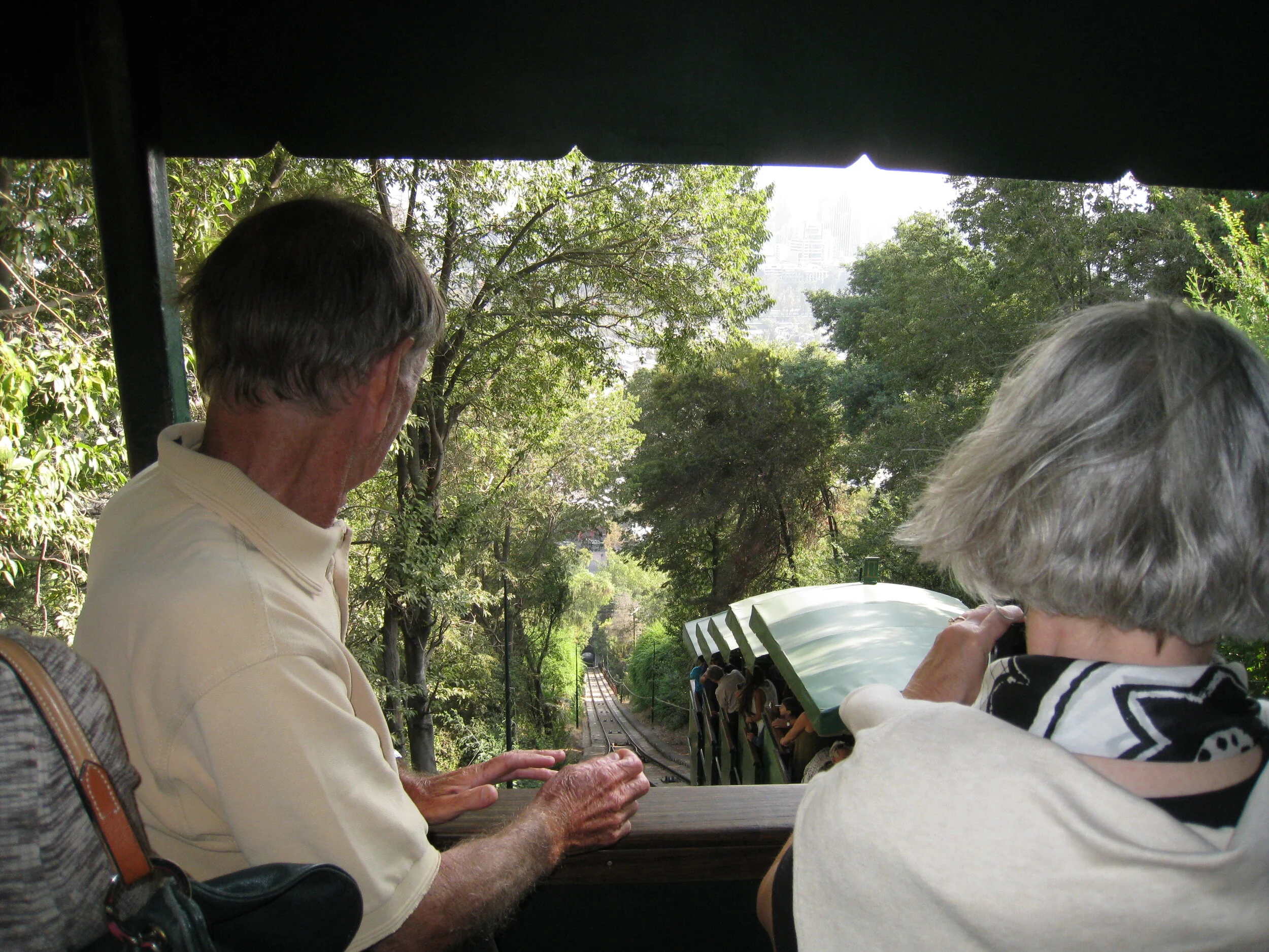  Santiago-- Bellavista area, going up the Funicular on San Cristobal--Paul Cullingford, and Carrol Kindel passing the other car 