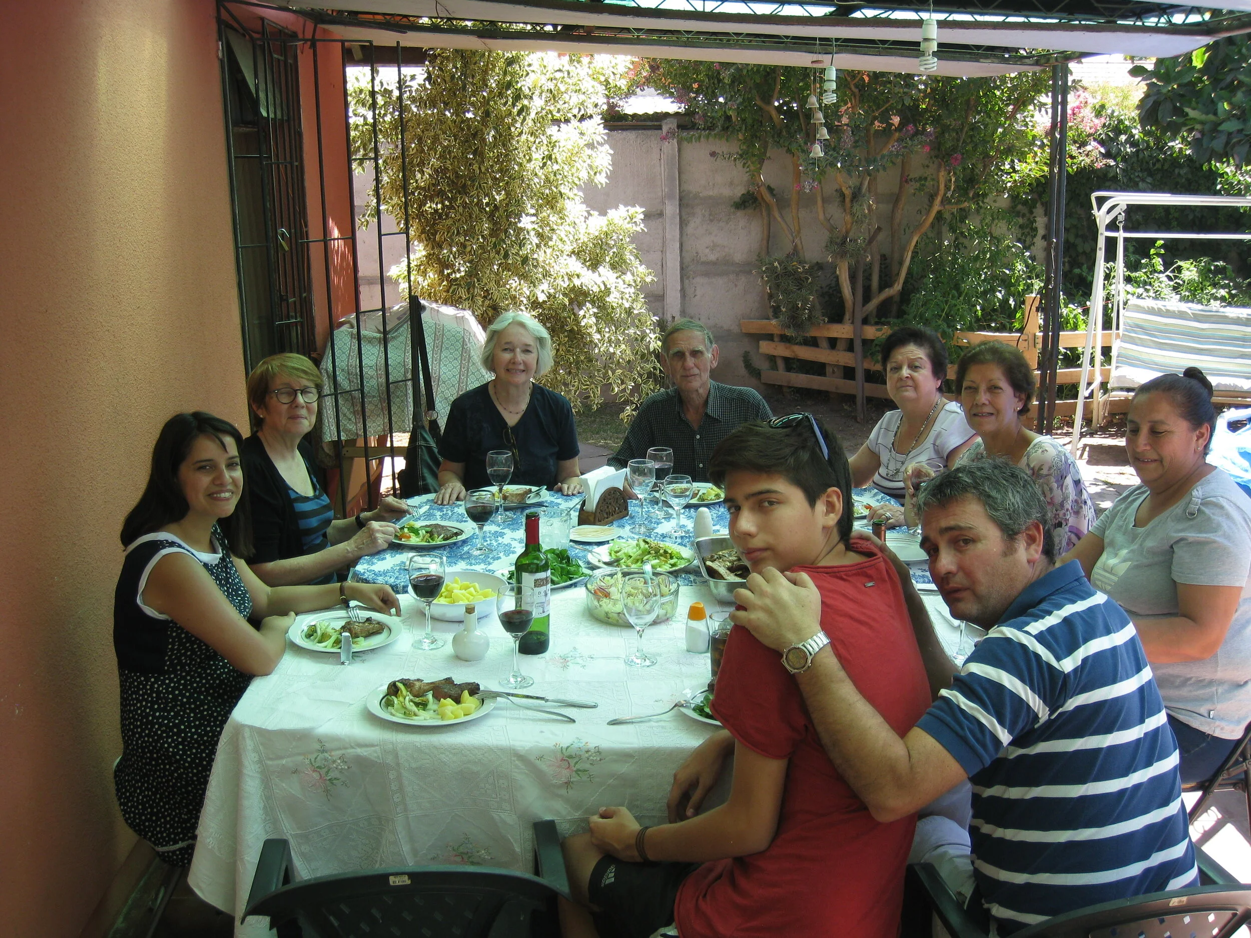  Santiago-- Macul--Sarita Arreguaiz (Canepa)'s house--Bernadita Canepa, Cathy Pettinari, Carrol Kindel, Paul Cullingford,  Rosa,  Sarita's friend, Sarita.  Julia, Fernando and his son Nathan 