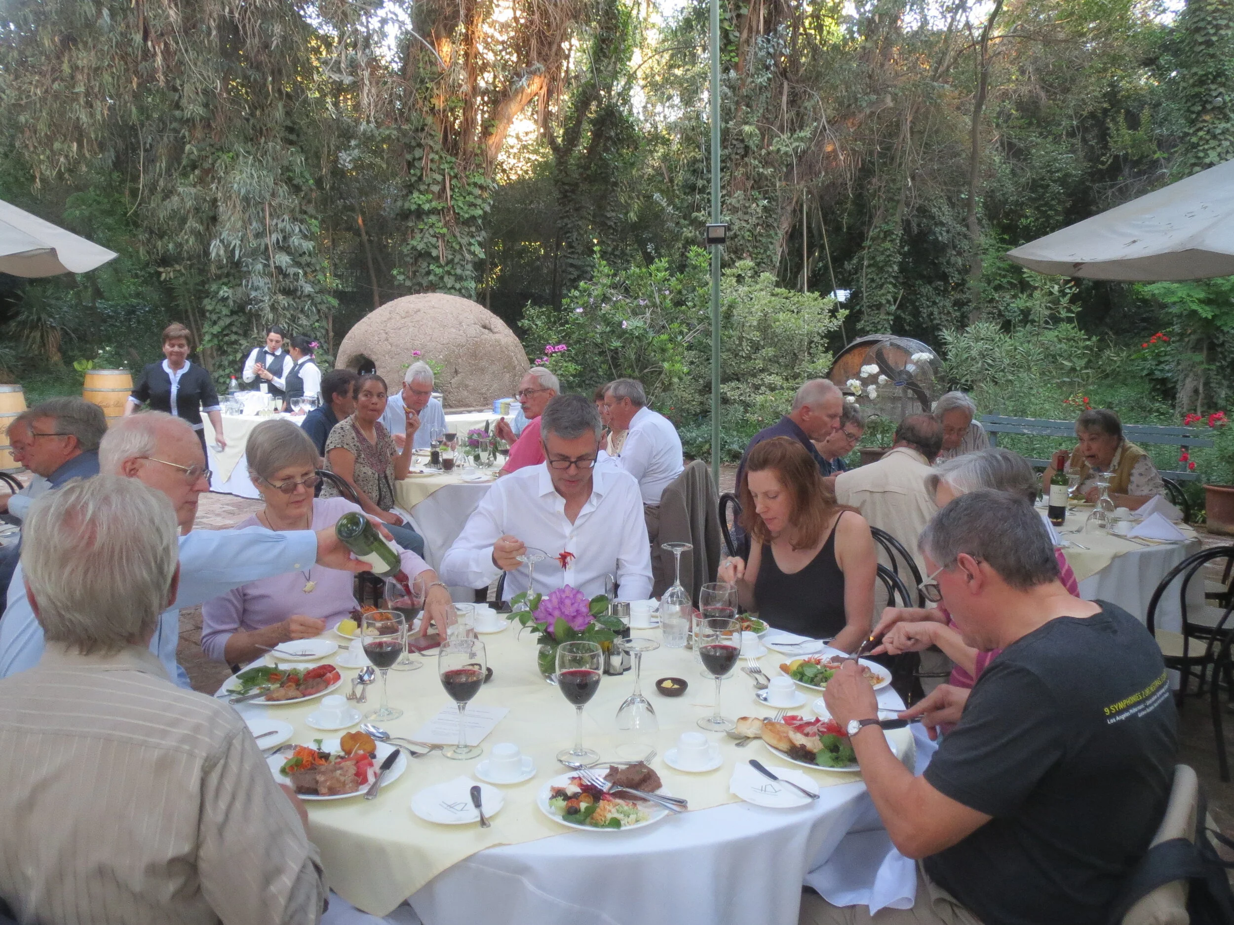  Chile - Santiago: Hotel Acacias de Viticura, Peace Corps Chile Group 23 Reunion; asado front table. Karl Kindel,John Lingle and Family, Robert Spich 