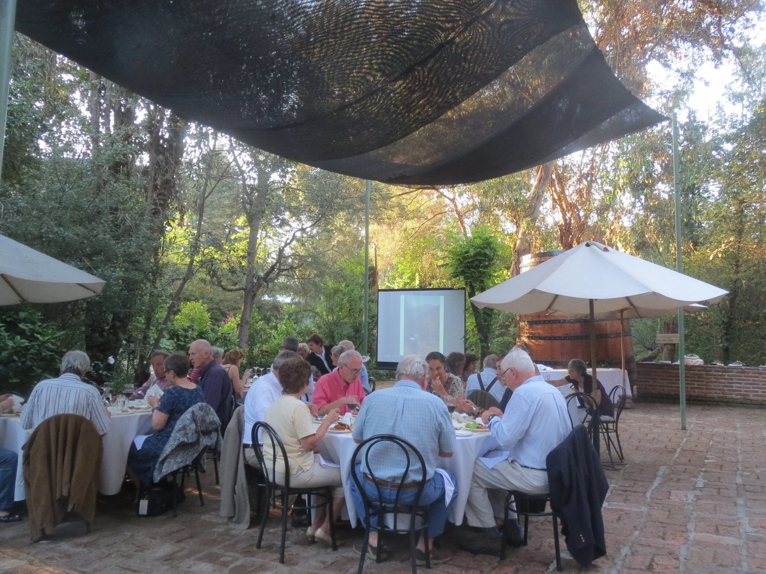  Chile - Santiago: Hotel Acacias de Viticura, Peace Corps Chile Group 23 Reunion; asado front table Roger King, Ema&amp;Lanny Overson, Robert Howe,          , Aaron Cavieres (hidden), Robert Sellin, Karl Kindel's slides running in the background 