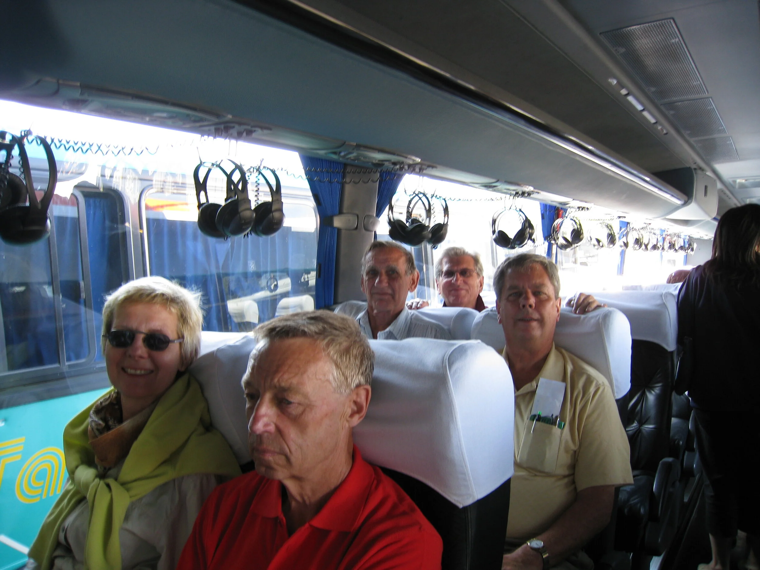  Traveling Circus--Christin, Harald, Paul, Karl and Roger, in bus from Curico to Santiago 