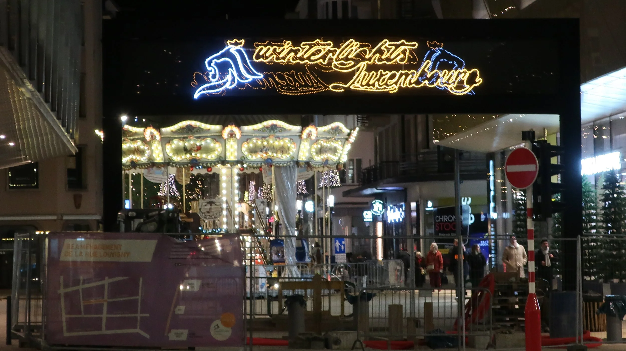  Luxembourg 2021--Entrance to Grand Rue Holiday Lighting and Carousel 