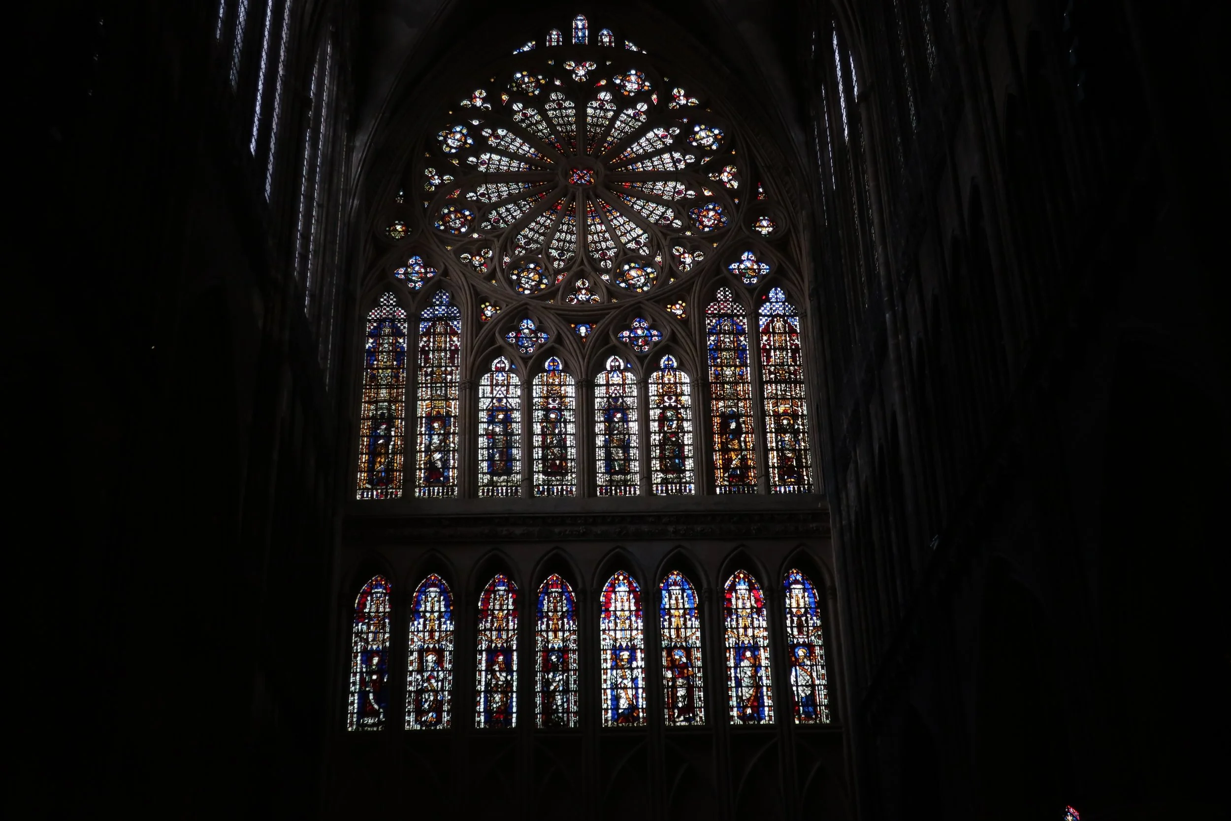  Metz, France--Feb. 2022--Old Town, Catedral St. Etienne. Nave toward back--huge glass 