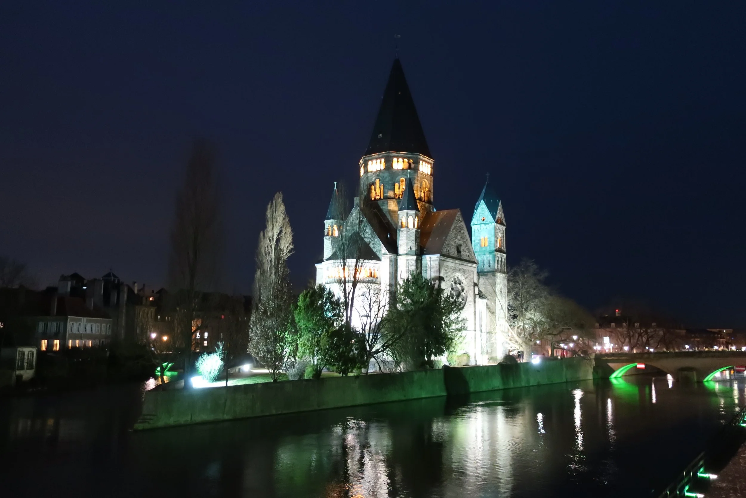 Metz, France--Feb. 2022--Old Town, Temple Church at night 