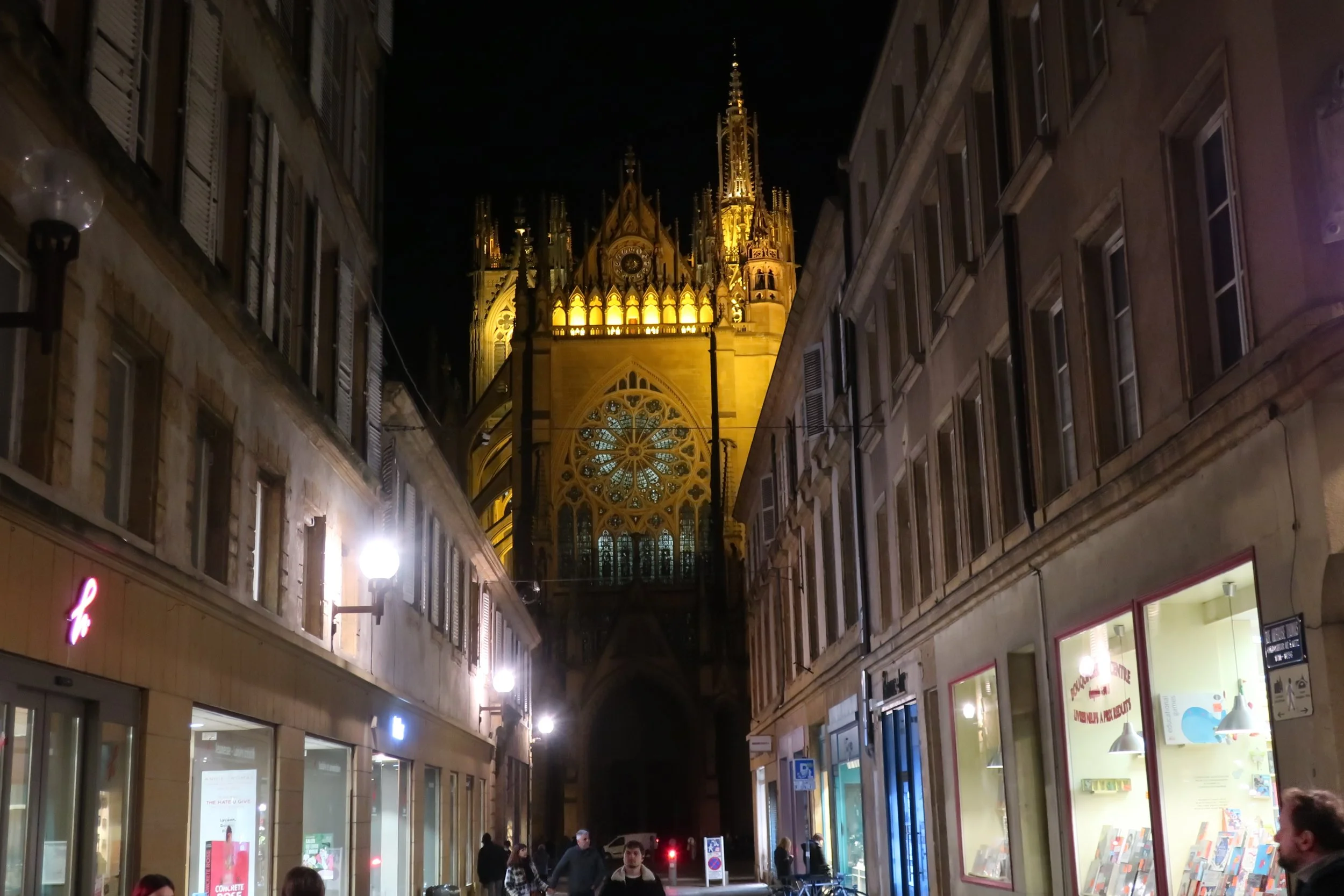  Metz, France--Feb. 2022--Old Town, Catedral St. Etienne at night 