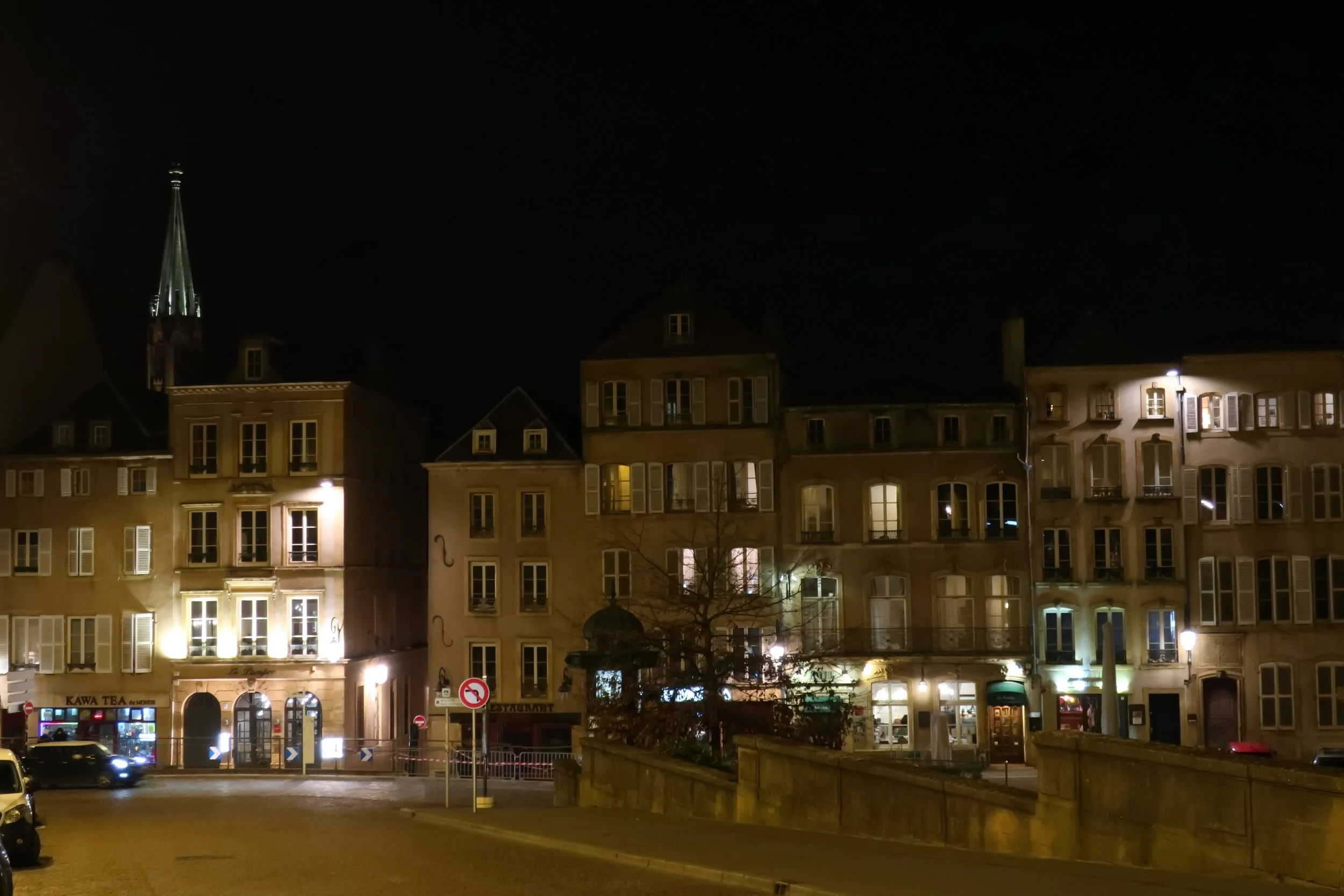  Metz, France--Feb. 2022--Old Town, Place de Chambre, from Catedral St. Etienne at night 