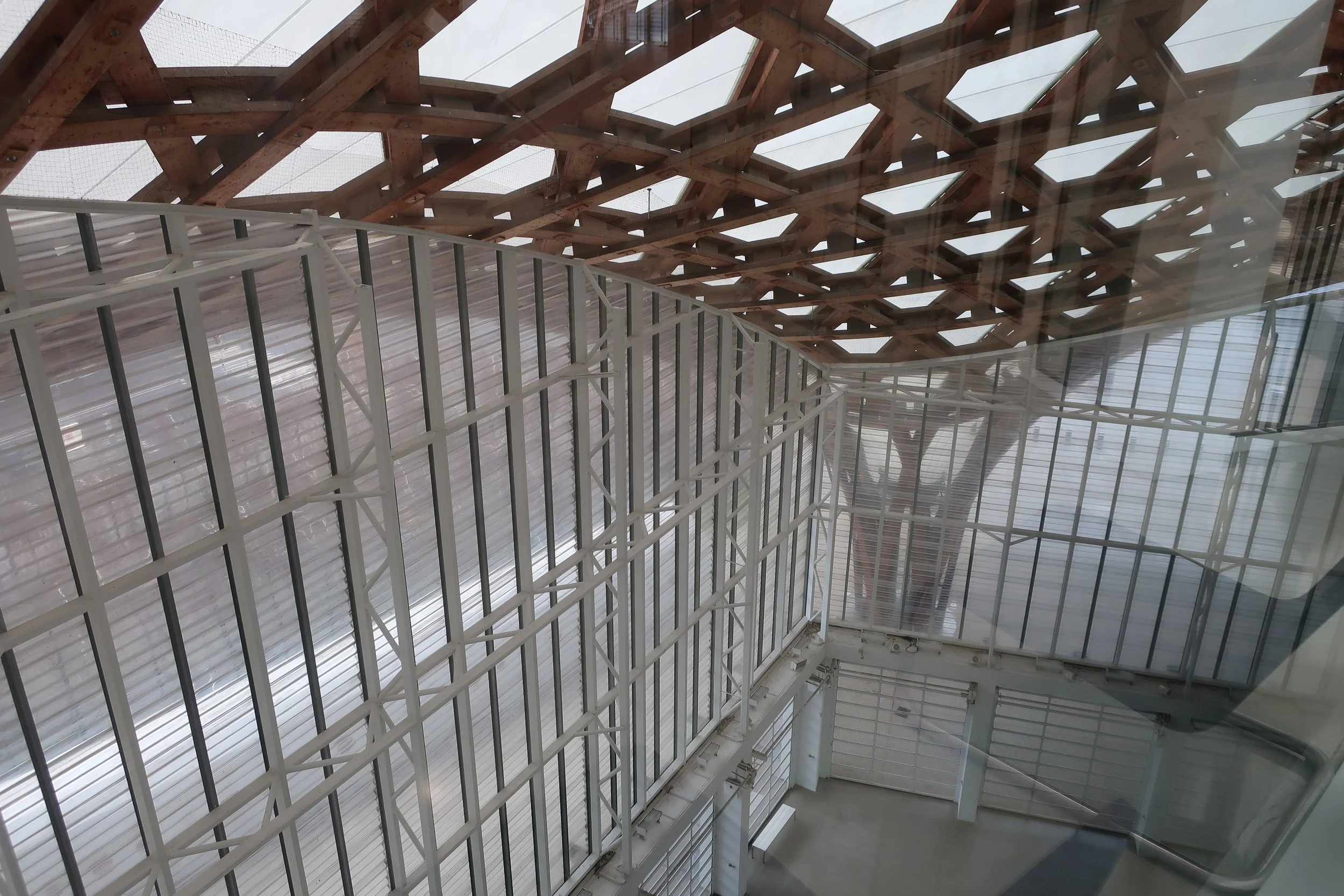  Metz, France--Feb. 2022--Center Pompidou, Wood construction, covered by tarp with inside steel frameworks 