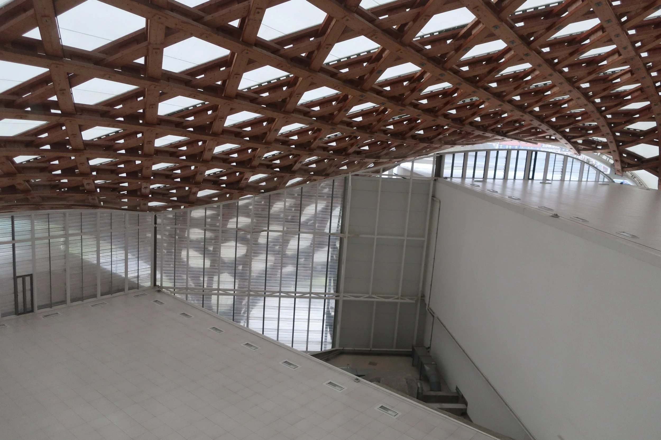  Metz, France--Feb. 2022--Center Pompidou, Wood construction, covered by tarp with inside steel frameworks 