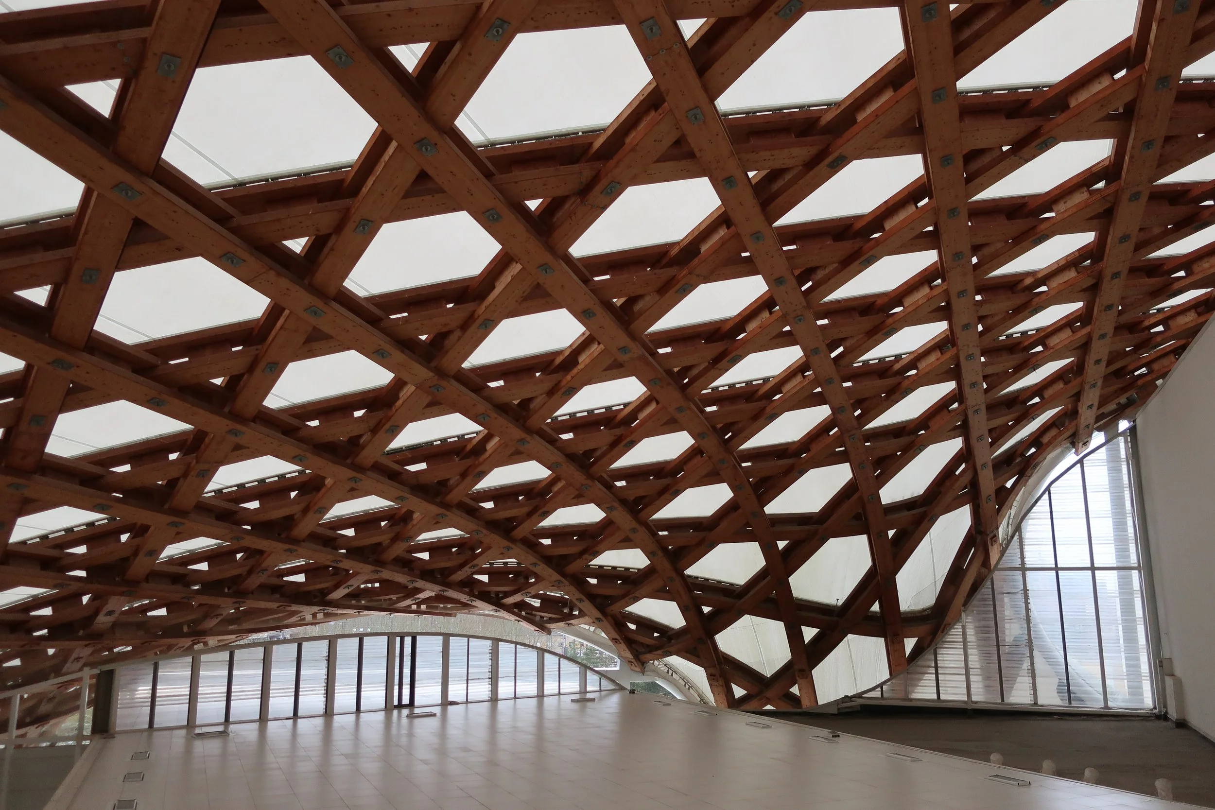  Metz, France--Feb. 2022--Center Pompidou, Wood construction, covered by tarp with inside steel frameworks 