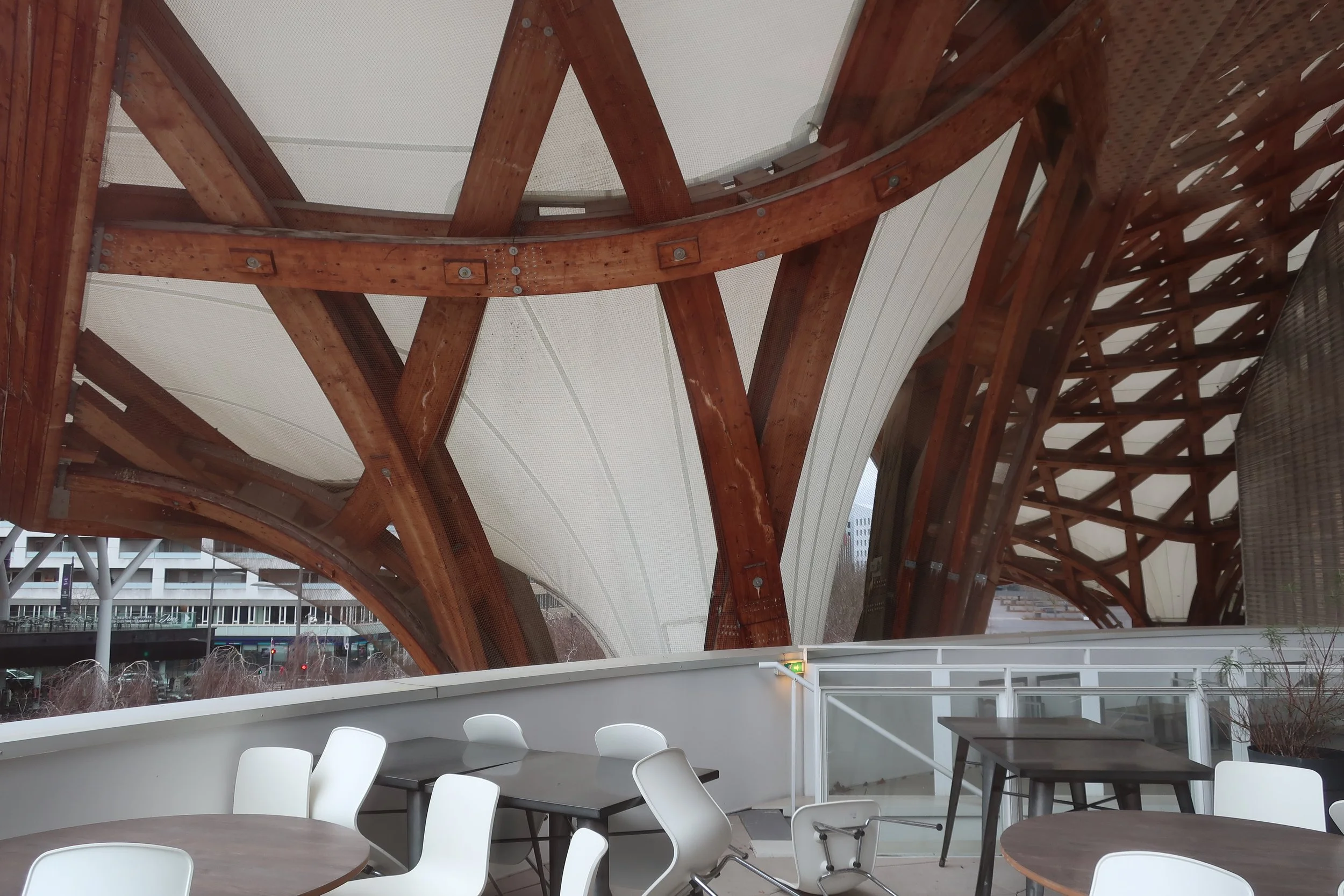  Metz, France--Feb. 2022--Center Pompidou, Wood construction, covered by tarp with inside steel frameworks 