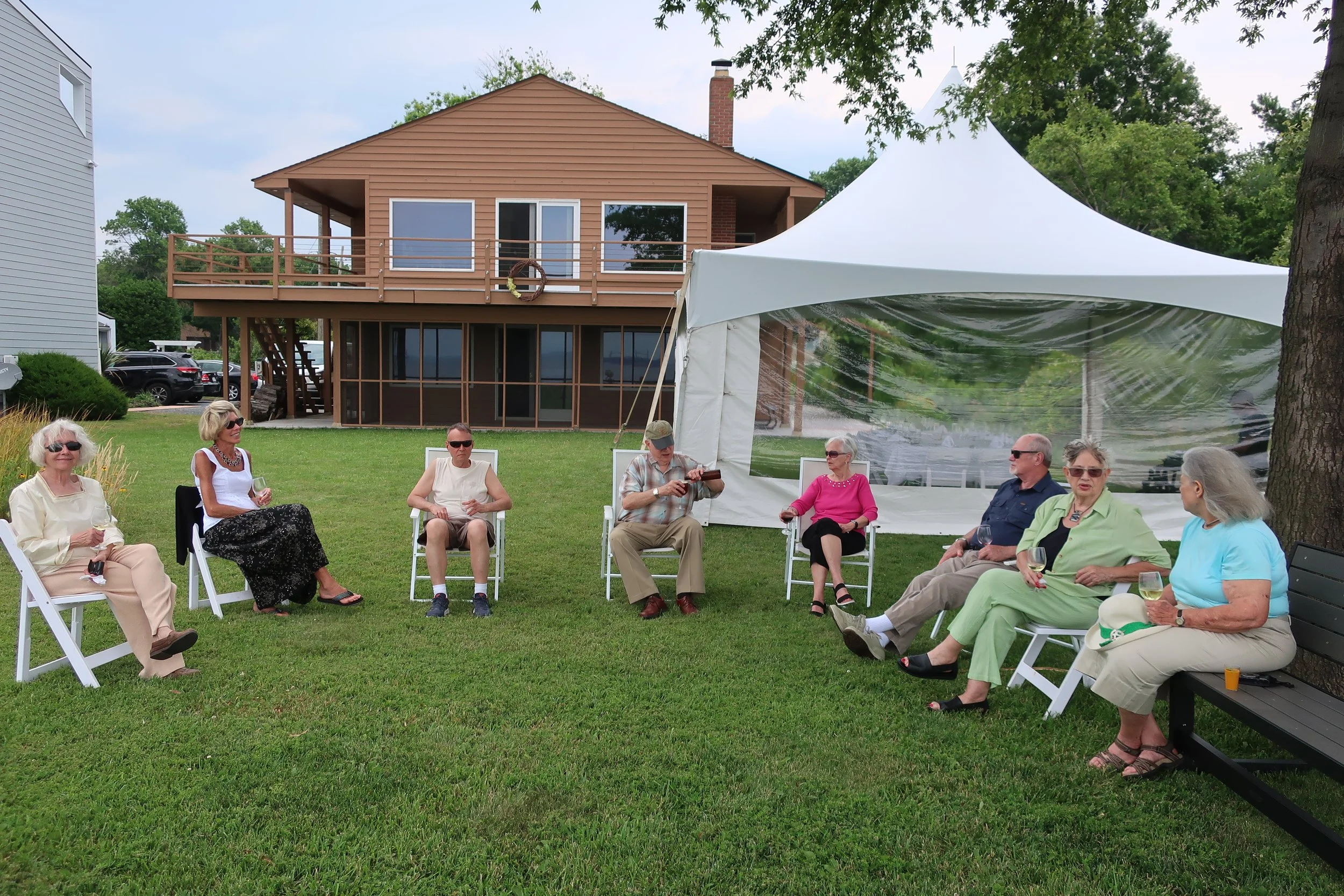  Kent Island--June 2022--50th Wedding Celebration--Carrol Benner Kindel, Debbie Schreiber, Steve Kohlhaas, Jamie Ennis, Marilyn Fanning, Rick Schreiber, Maggie Hall and Jan Ennis, before dinner 