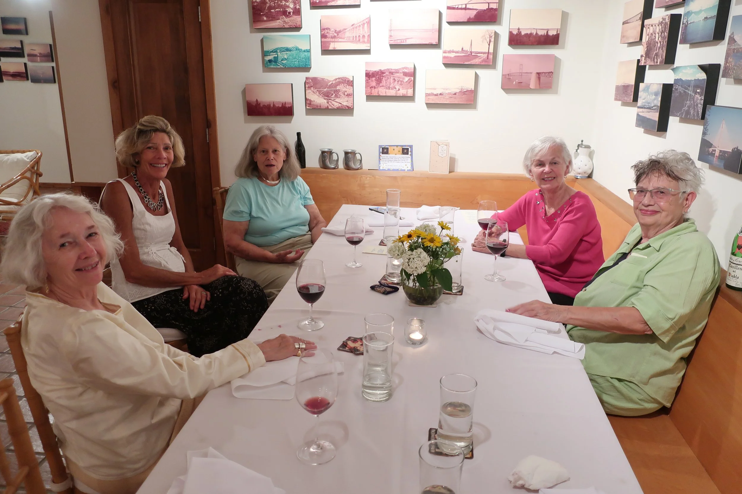  Kent Island--June 2022--50th Wedding Celebration--Carrol Benner Kindel, Debbie Schreiber, Jan Ennis, Marilyn Fanning and Maggie Hall, after dinner, at the table 