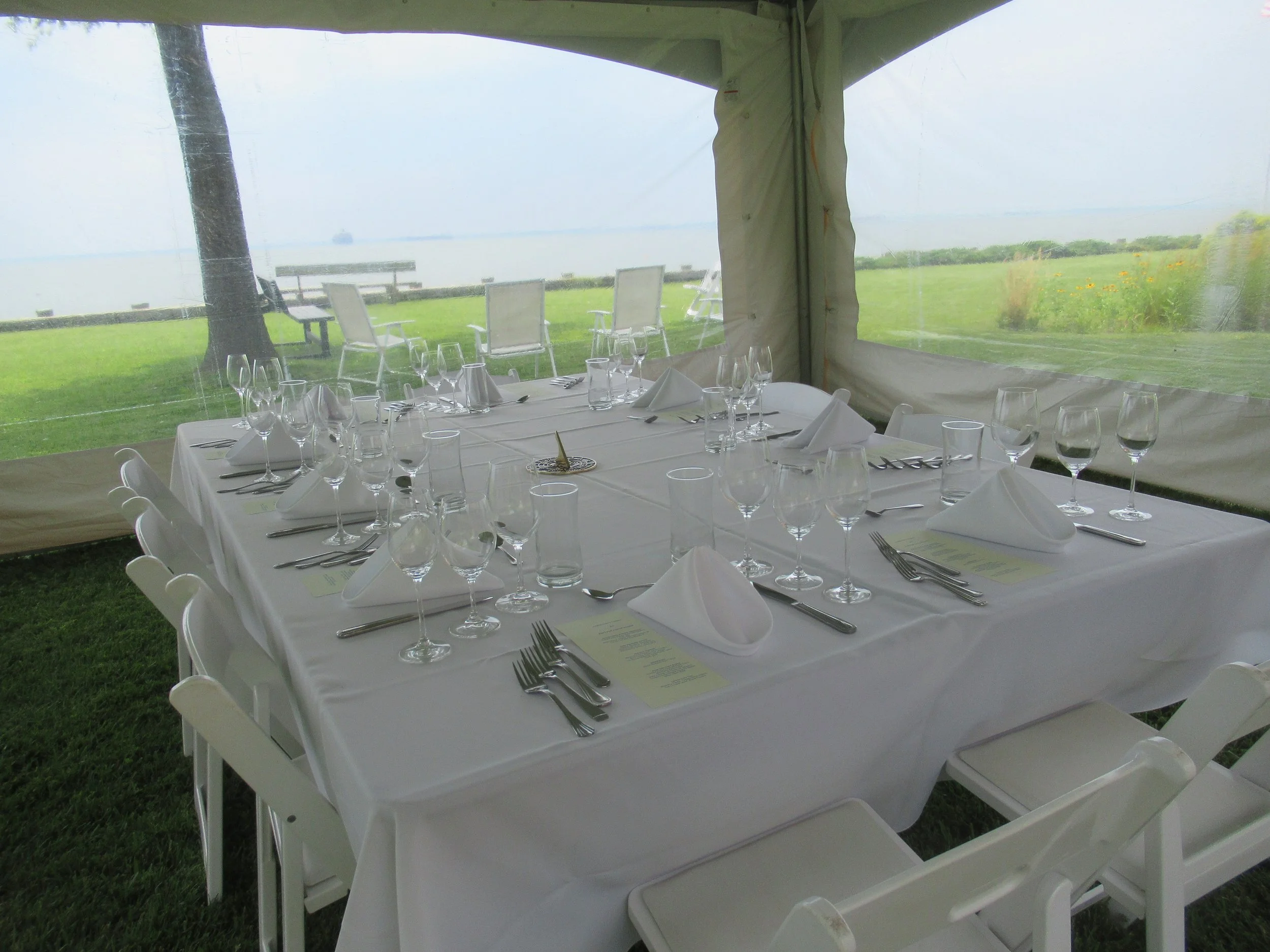  Kent Island--June 2022--50th Wedding Celebration--Tent with table set for dinner 