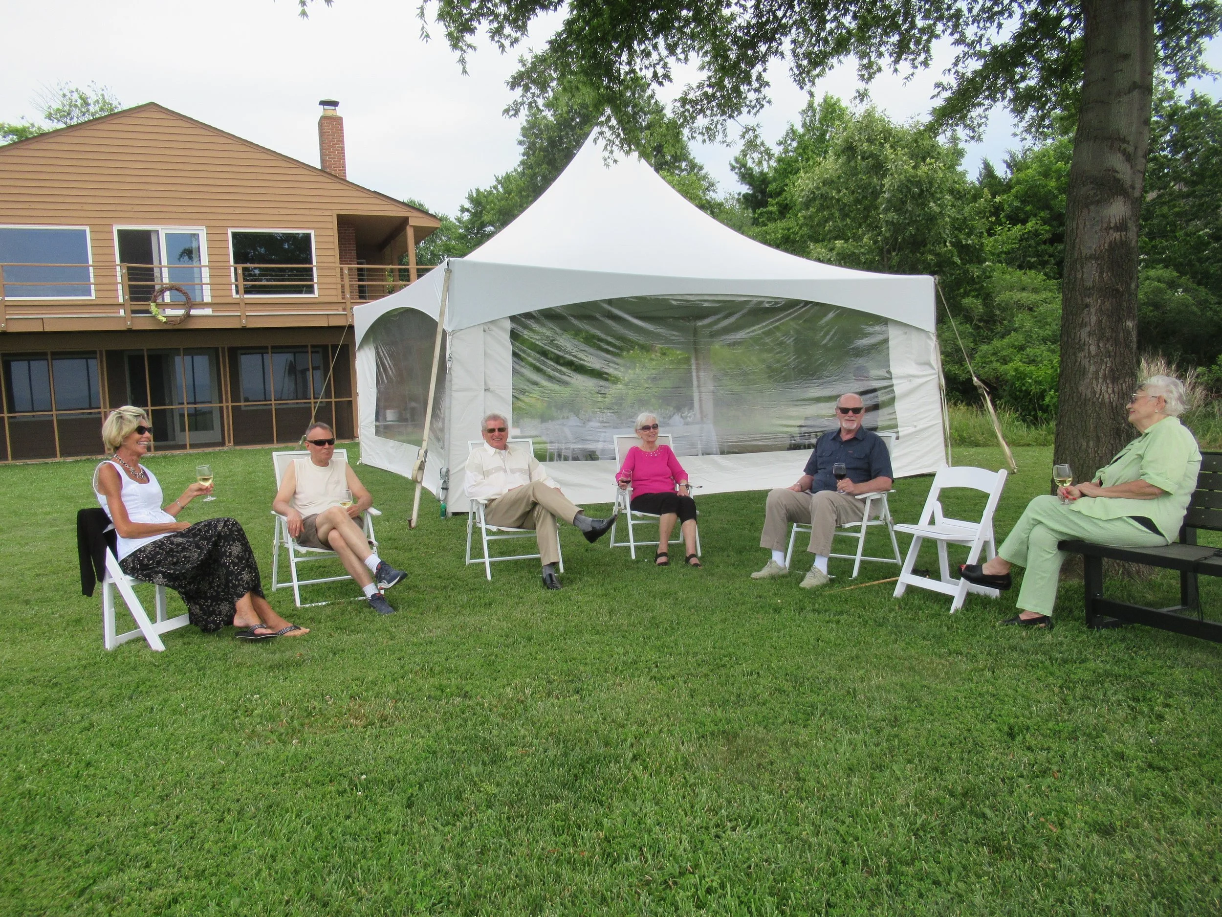  Kent Island--June 2022--50th Wedding Celebration--Tent with Debbie Schrieber, Steve Kohlhass, Karl Kindel, Rick Schreiber and Maggie Hall 