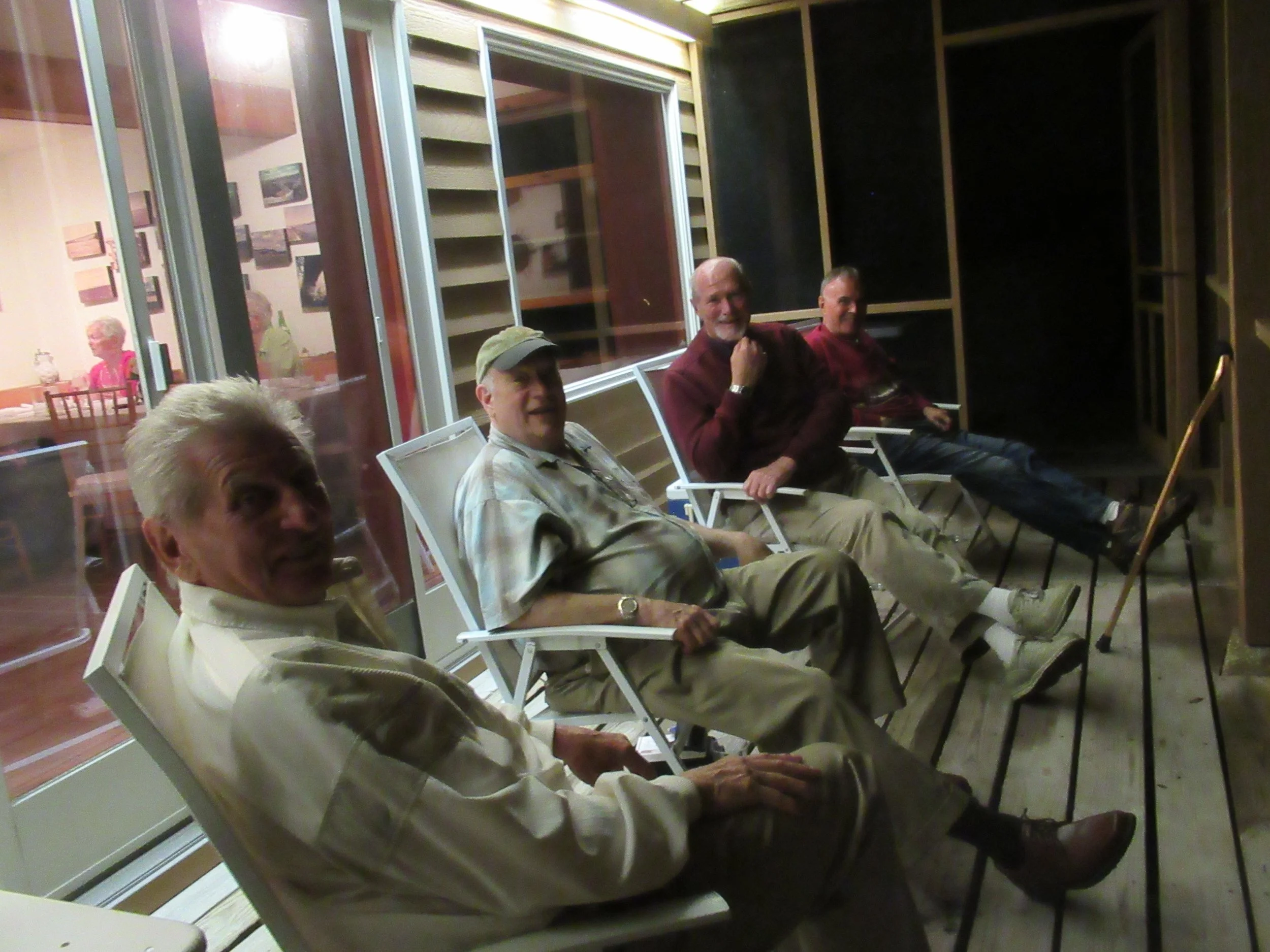  Kent Island--June 2022--50th Wedding Celebration--The men in the screened porch—Karl Kindel, Jamie Ennis, Rick Schreiber and Steve Kohlhass 