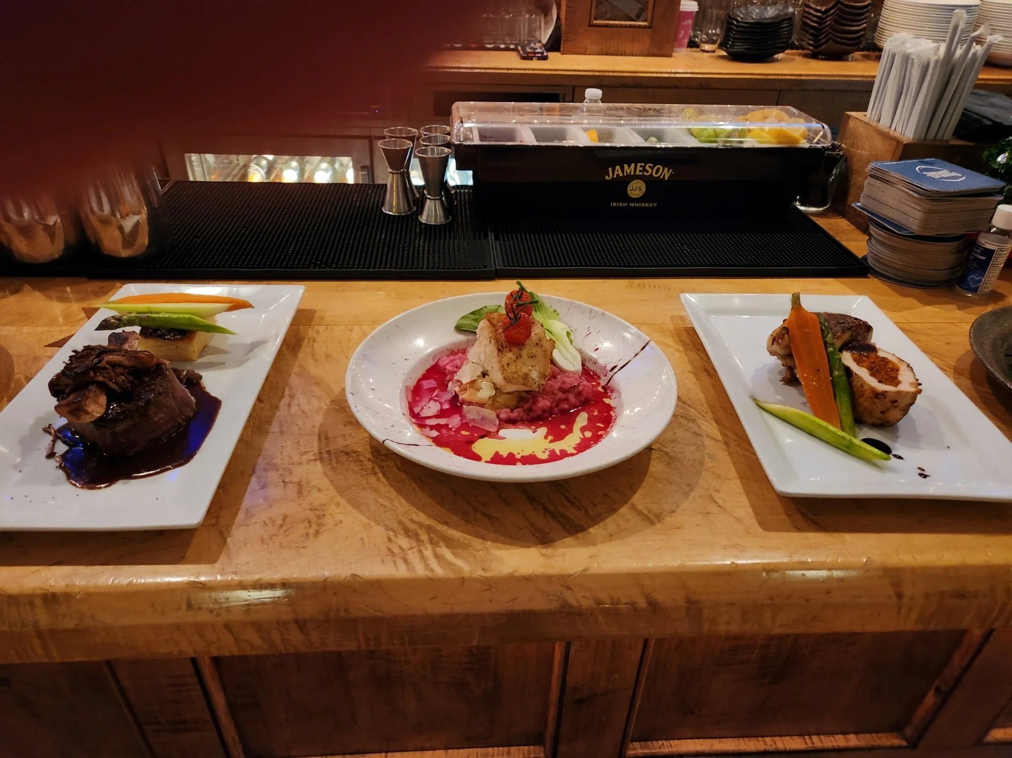  DC--New Year's Eve 2022--Ophelia's--The Food--Beef Tenderloin (Mushroom, Red Wine Reduction, Gratin, Vegetable), Flambeed Seabass (Tomato Broth, Bok Choy, Beet Risotto, Citrus Burre Blanc) and Stuffed Chicken Breast (Apple &amp; Chorizo, Asian Dress