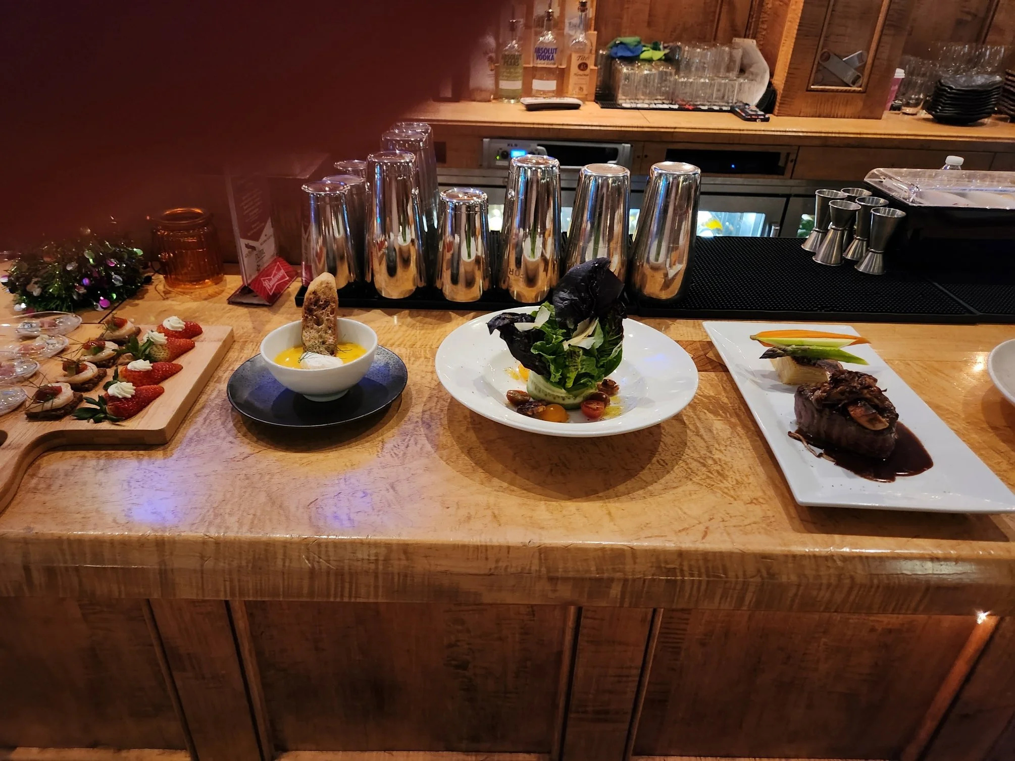  DC--New Year's Eve 2022--Ophelia's--The Food--Passed Hors d'oeurves, Soup (Butternut Squash Cappuccino), Salad  (Baby Organic Farm Greens with Baby Tomatoes, Walnuts, Reggiano and Champagne Vinagrette) and Beef Tenderloin 