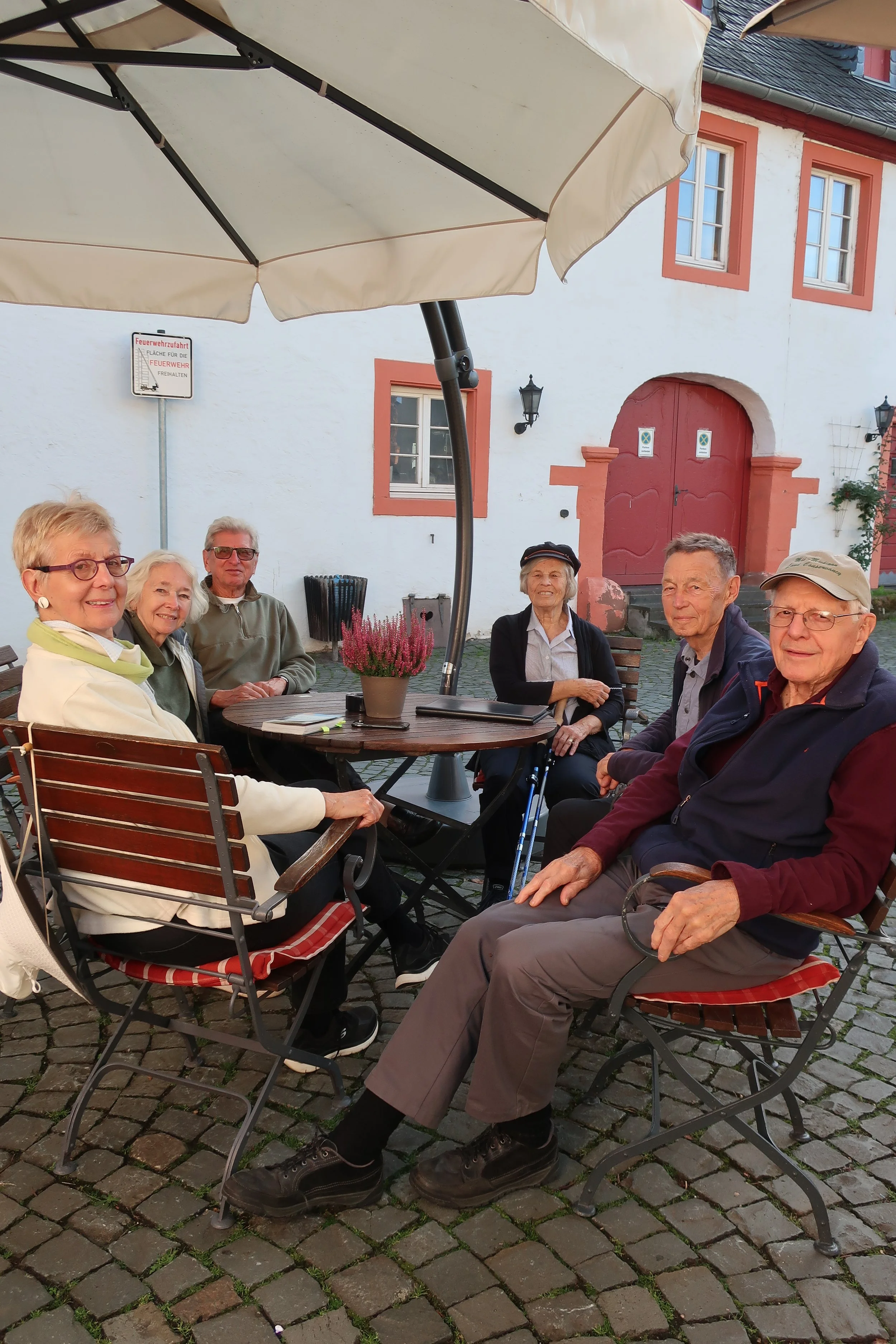  Germany 2023--Kindel 50th Anniversary Trip--Kues--Old Monastery now used as retirement home--Christin Grieser-Kindel, Carrol and Karl Kindel, Judy Kindel, Harald Grieser and Paul Kindel 