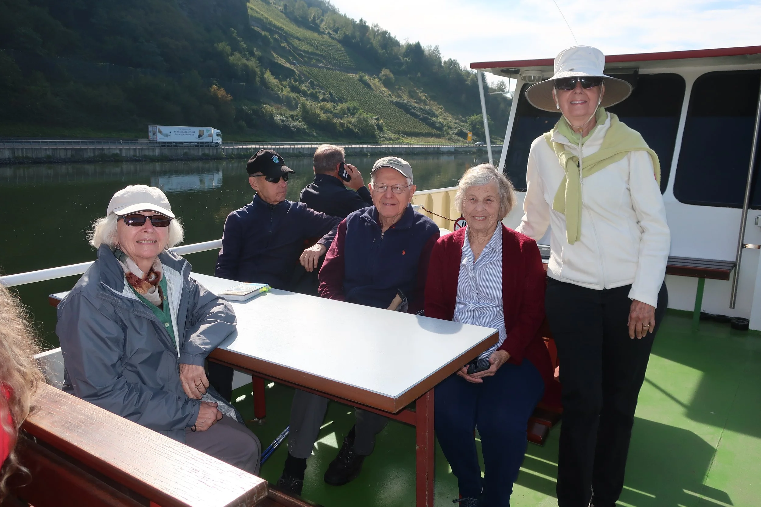  Germany 2023--Kindel 50th Anniversary Trip--Kues--Boat trip from Traban-Trarbach to Wolf on the Mosel--Carrol Benner Kindel, Harald Grieser, Paul and Judy Kindel and Christin Grieser-Kindel 