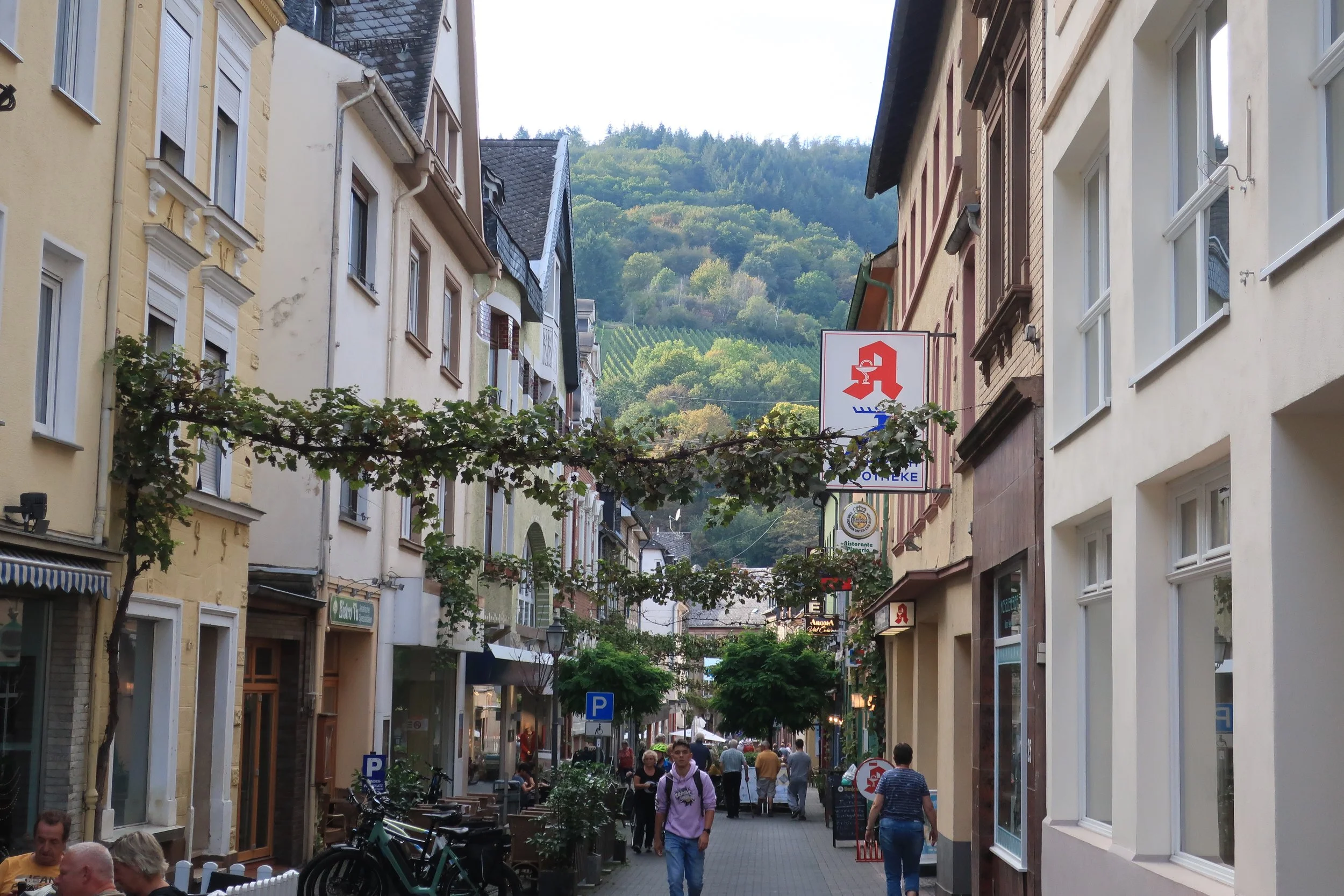  Germany 2023--Kindel 50th Anniversary Trip--Boat trip from Traban-Trarbach to Wolf on the Mosel--Traben-Trarbach main street 