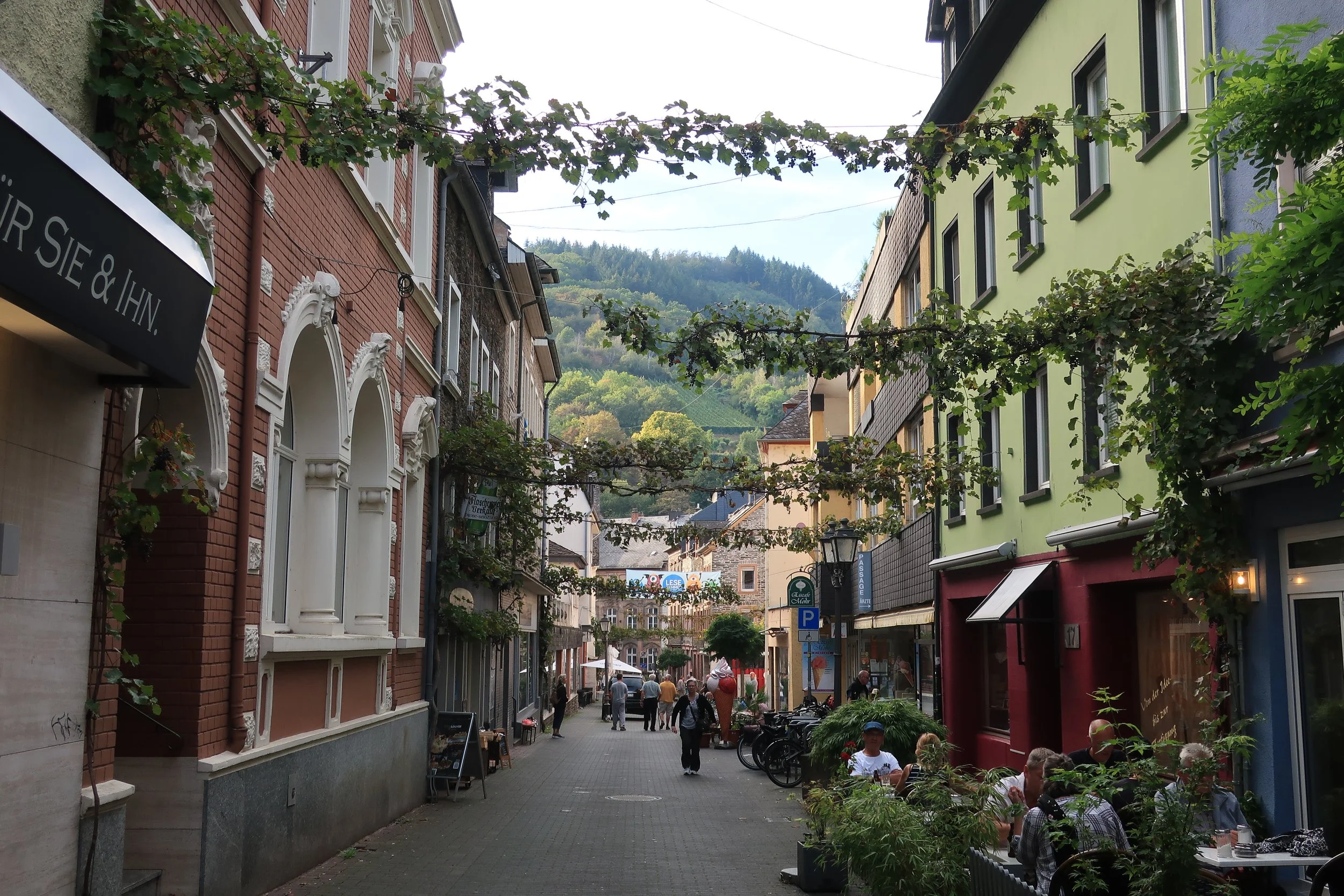  Germany 2023--Kindel 50th Anniversary Trip--Boat trip from Traban-Trarbach to Wolf on the Mosel--Traben-Trarbach main street 