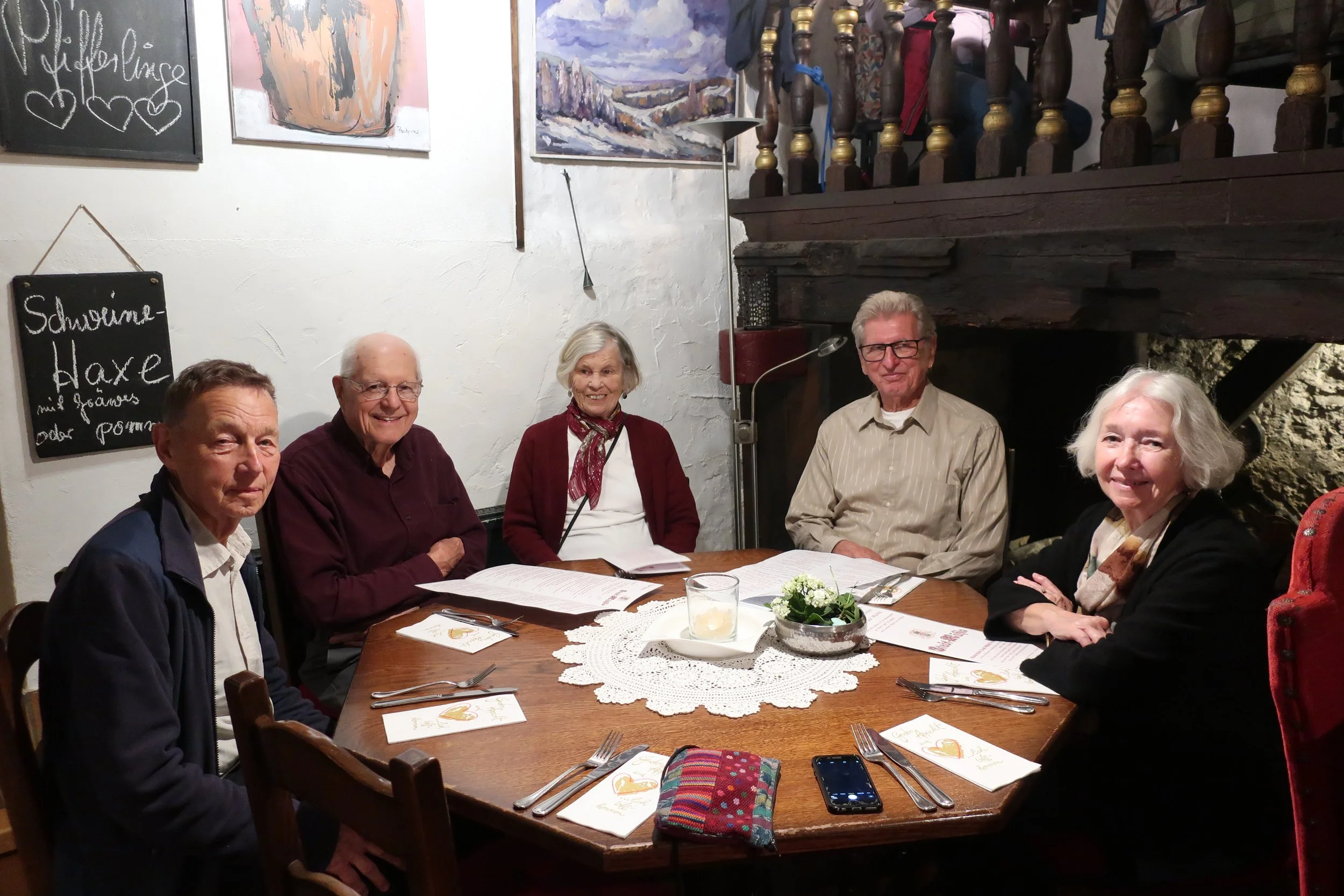  Germany 2023--Kindel 50th Anniversary Trip--Traban-Trarbach Old Mill restaurant--Harald Grieser, Paul and Judy Kindel, Karl and Carrol Kindel 