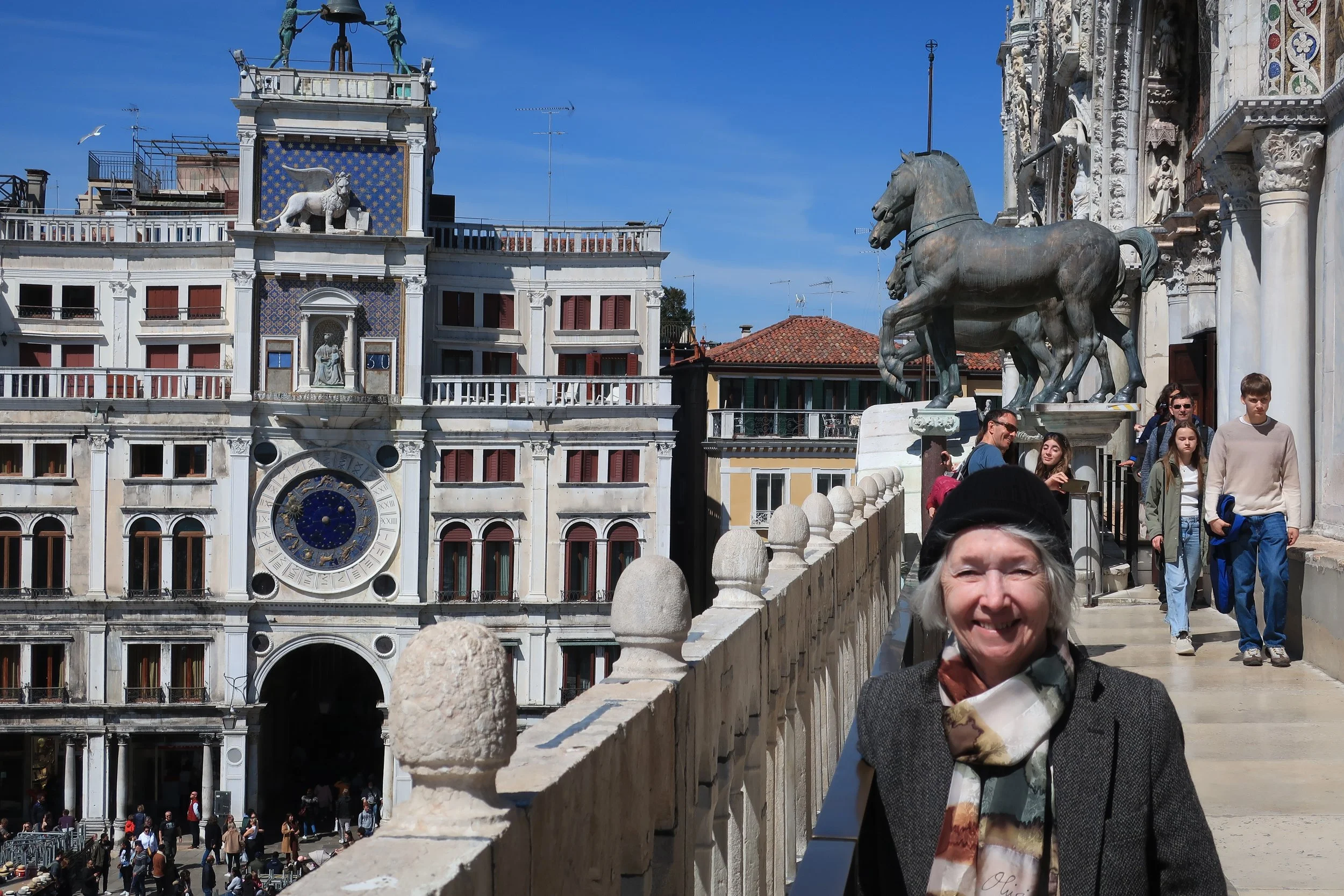  Venice 2023--San Marco Square looking out  from Basilica loggia--Replica horses and Carrol Benner Kindel 