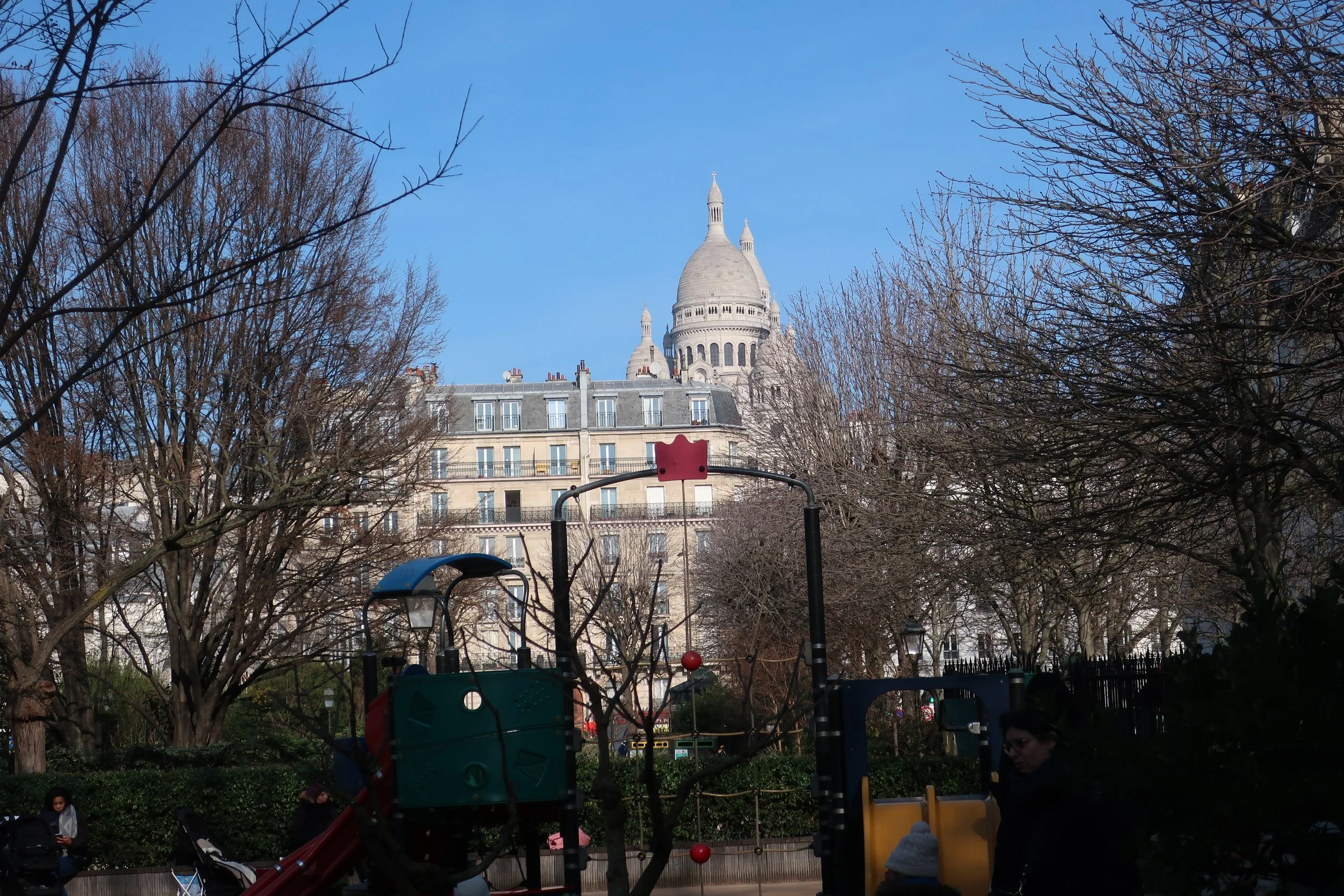  Paris Spring 2025--Montmartre, Ave. Trudaine, with playground and Sacre Coeur 