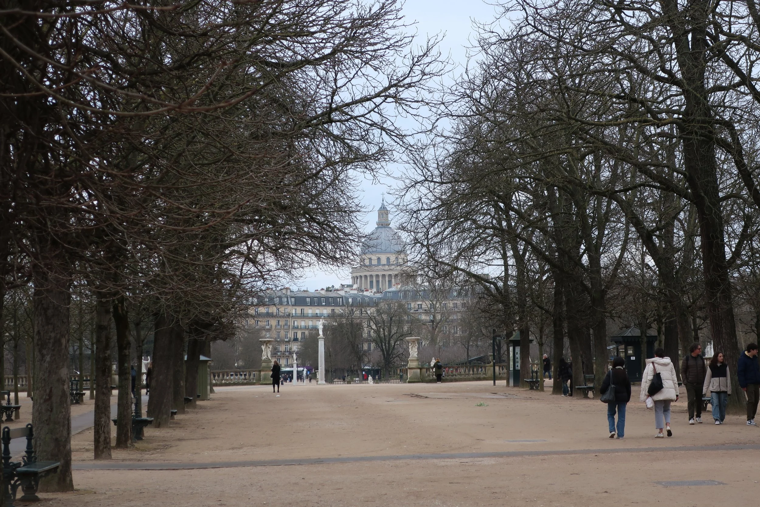  Paris--Spring 2025--The Luxembourg Gardens in St. Germain des Pres neighborhood with the Pantheon in the distance 