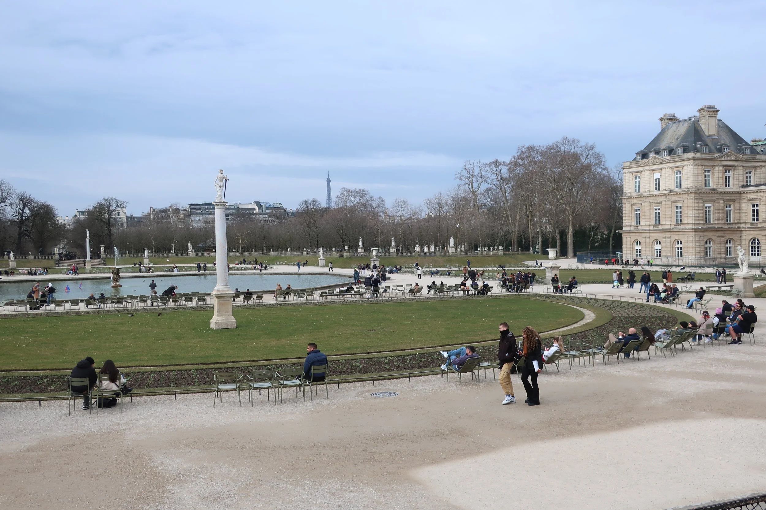  Paris--Spring 2025--The Luxembourg Gardens in St. Germain des Pres neighborhood with the Eiffel Towerin the distance 