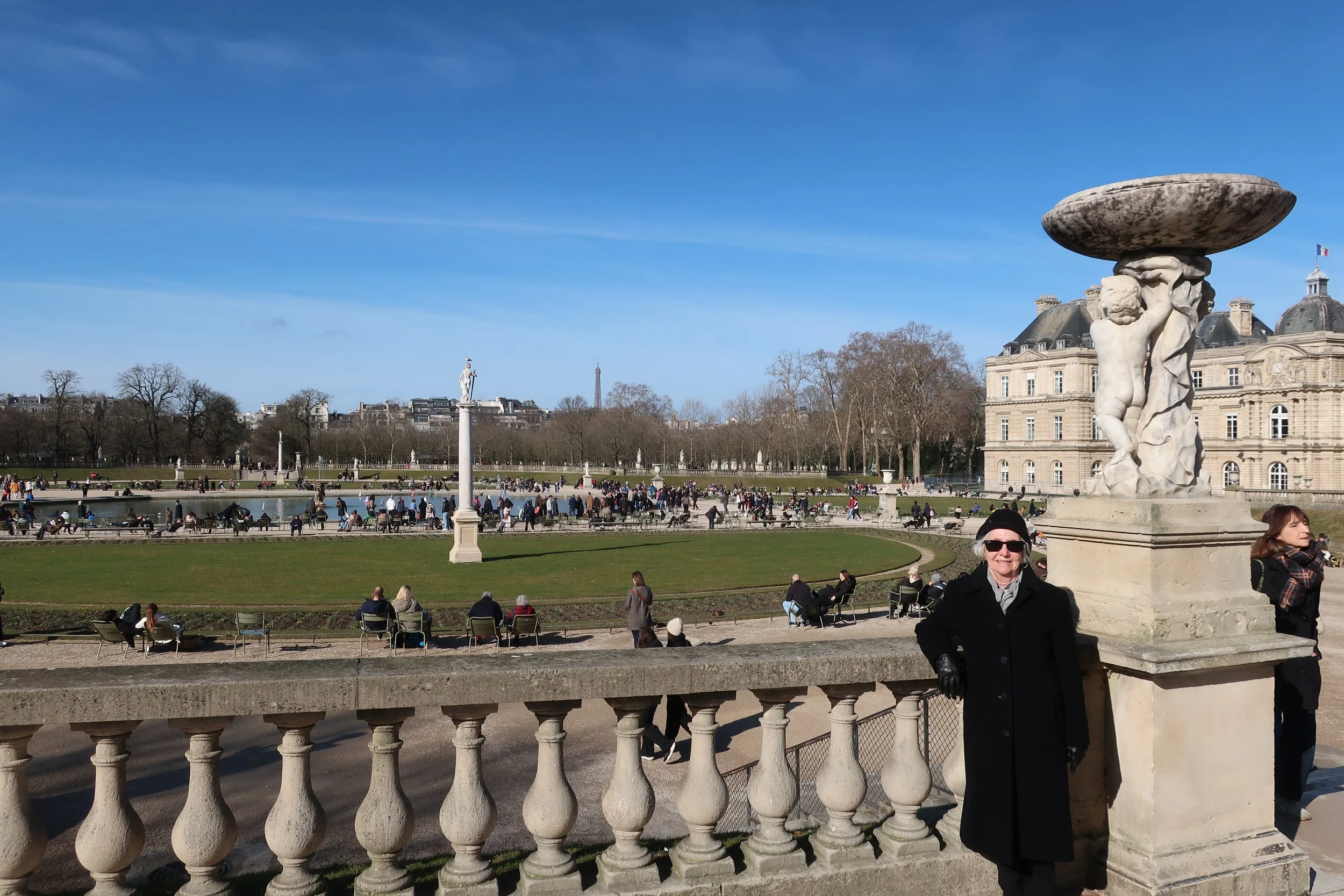  Paris--Spring 2025--Luxembourg Gardens in the St. Germain des Pres neighborhood, with Carrol Benner Kindel and the Eiffel Tower in the distance 
