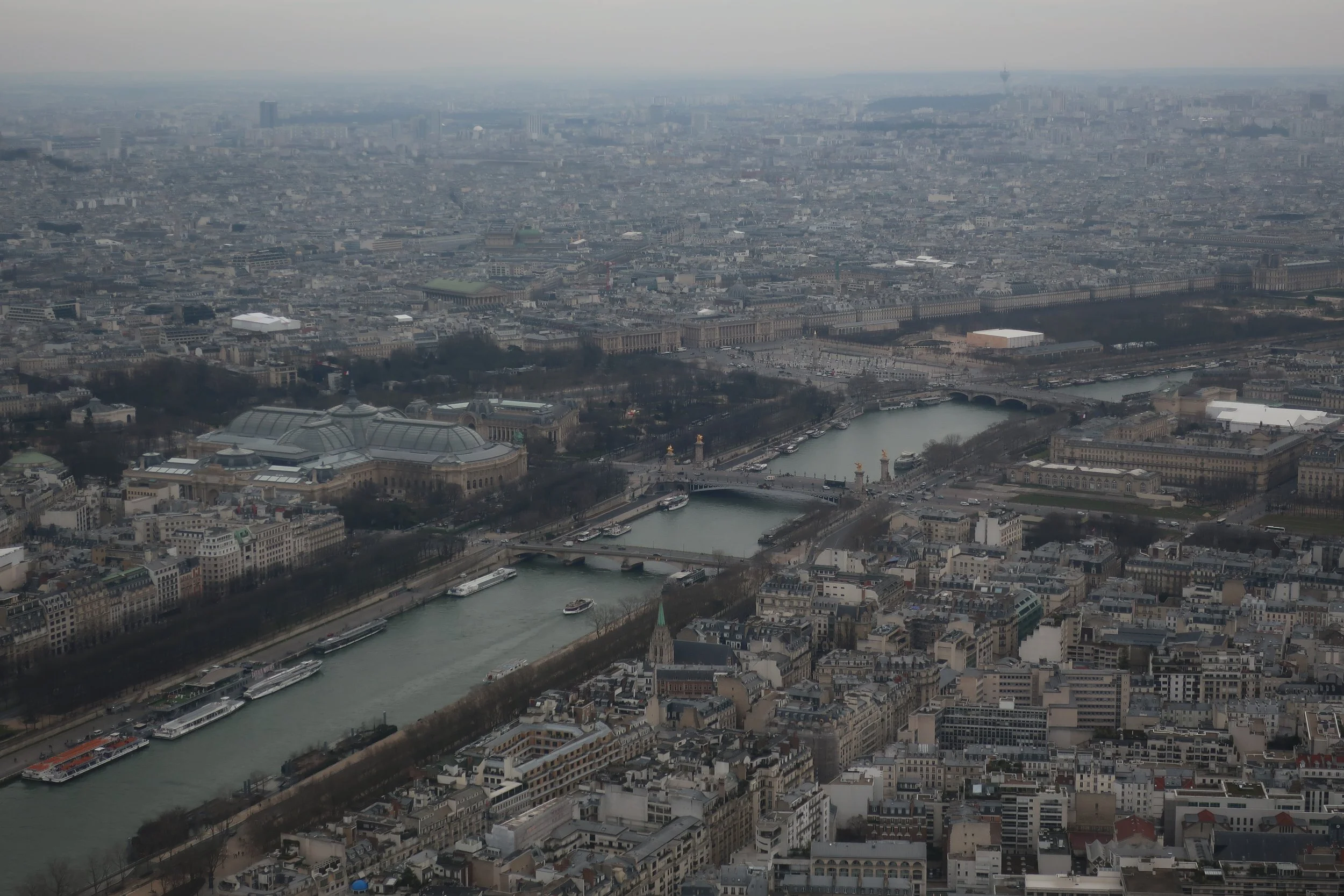  Paris--Eiffel Tower Spring 2025--View from top (1000 feet)-- The Seine and the Grand Palace and the Tuileries and Place de Concord 