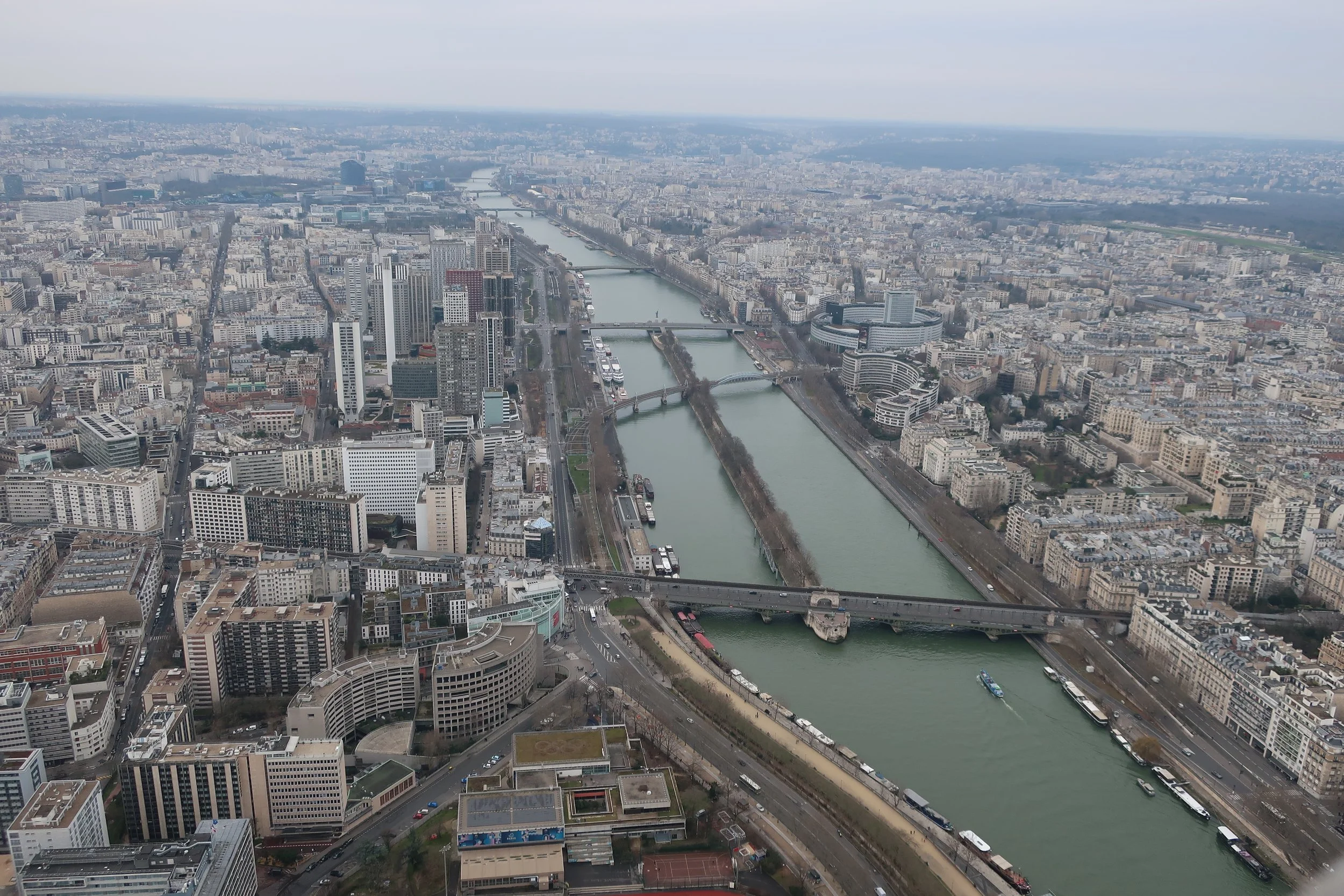  Paris--Eiffel Tower Spring 2025--View from top (1000 feet)--The Seine looking south 